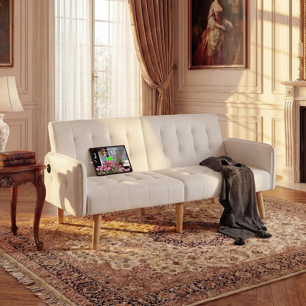 TYBOATLE Modern White Faux Leather Upholstered Convertible USB Folding Futon Sofa Bed, 65' Couch, Love Seats Furniture for Small Space Configuration, Apartment, Dorm, Living Room, Office