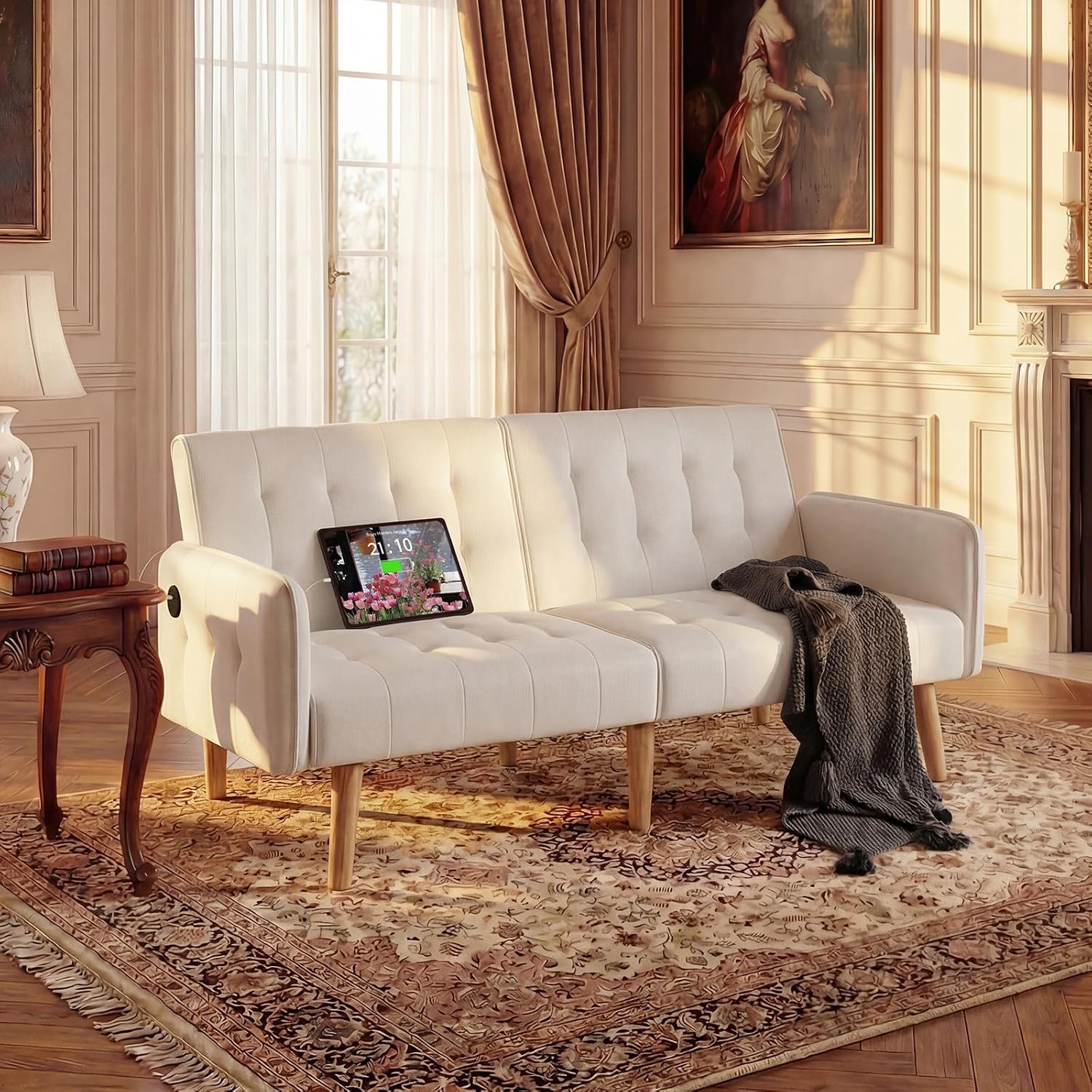 TYBOATLE Modern White Faux Leather Upholstered Convertible USB Folding Futon Sofa Bed, 65' Couch, Love Seats Furniture for Small Space Configuration, Apartment, Dorm, Living Room, Office