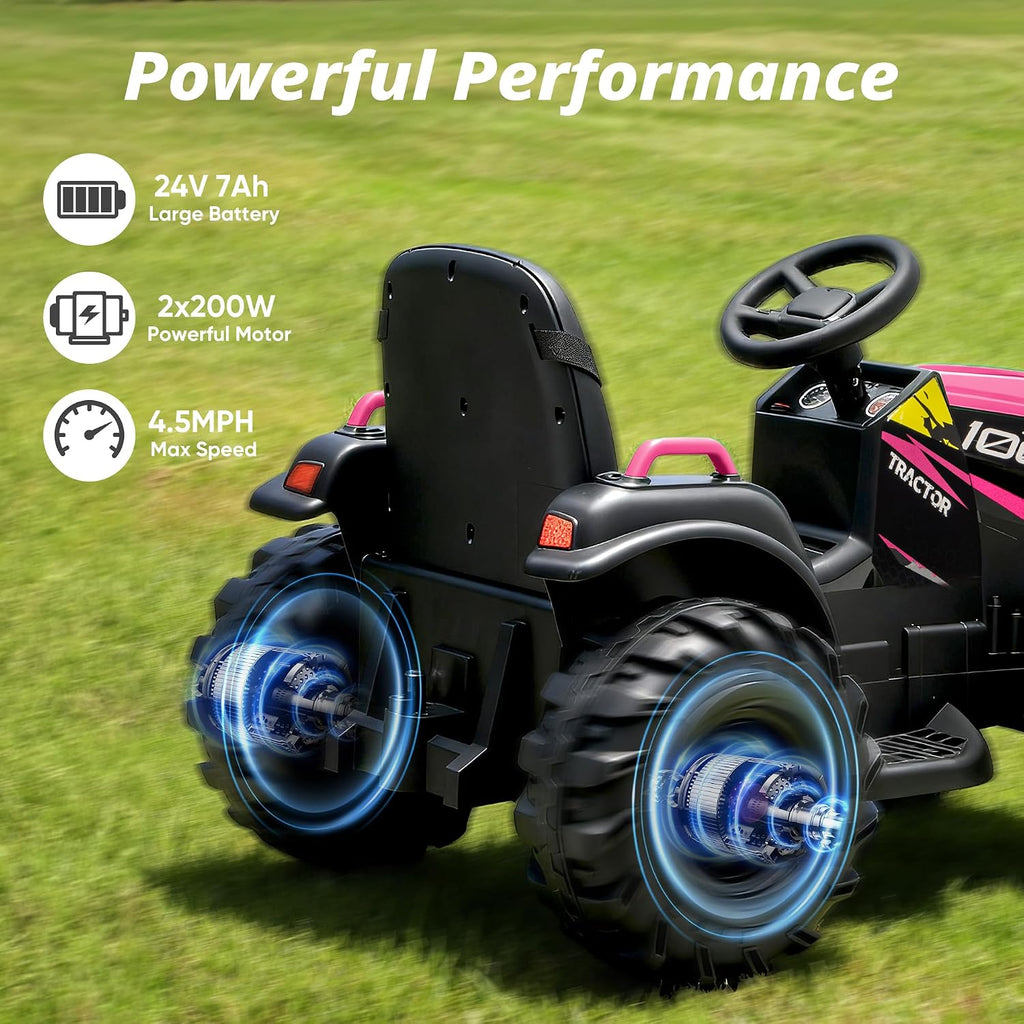Hikiddo 24V Kids Ride on Tractor Toy, Electric Tractor for Kids 3-8 with Trailer, 2x200W Motors - Hot Pink