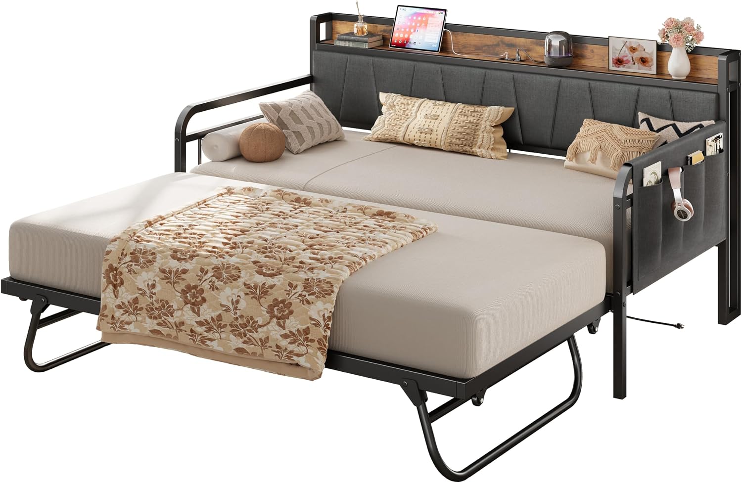 LIKIMIO Twin XL Daybed, Day Bed with Trundle, Storage Upholstered Headboard and Charging Station, Trundle Bed with Strong Supports for Living Room, Bedroom, and Guest Room, Grey