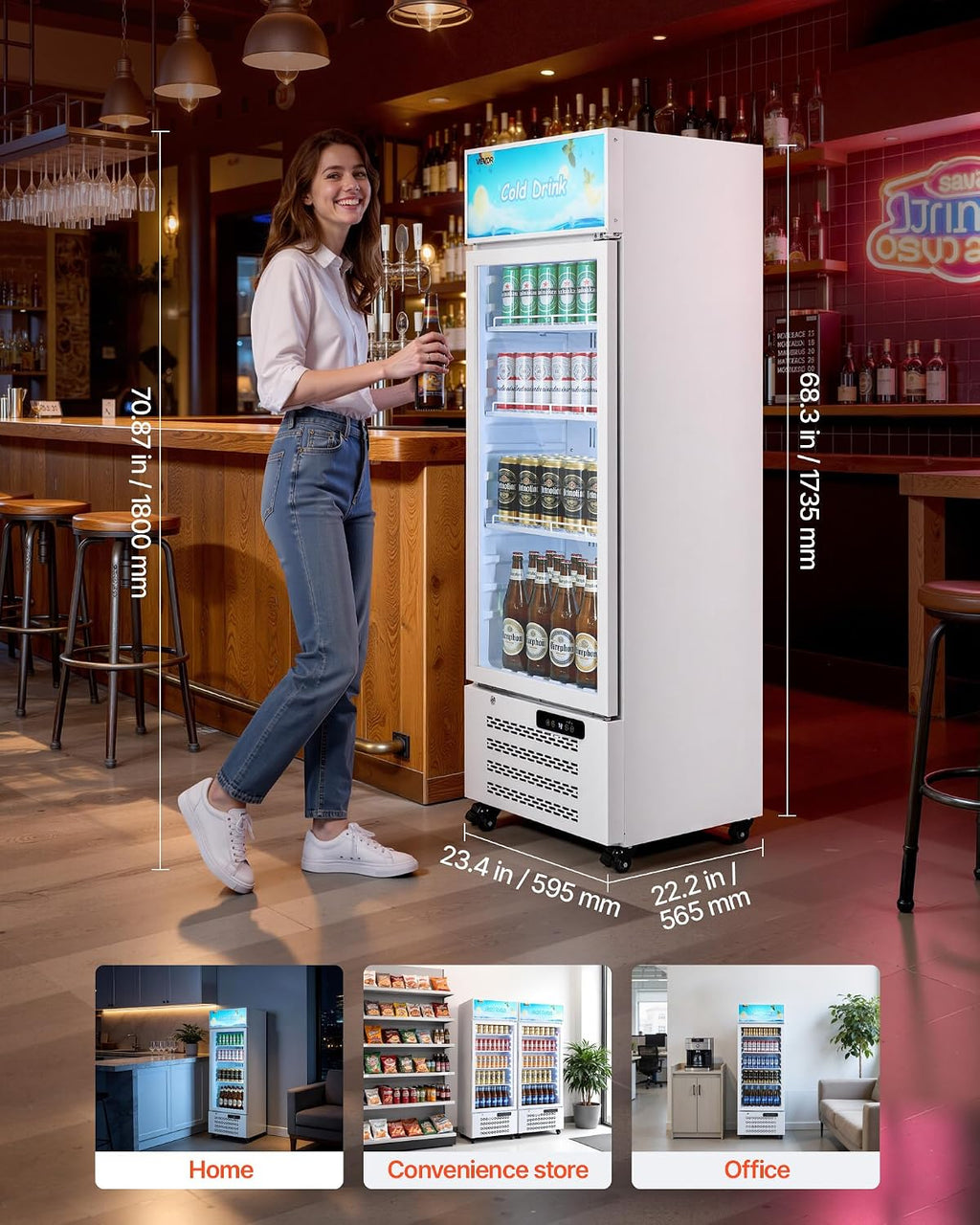 VEVOR Commercial Merchandiser Refrigerator, 9.6 Cu.Ft / 273 L Glass Door Display Refrigerator, Upright Beverage Cooler with Customizable Lightbox, 4 Adjustable Shelves & Soft LED Light for Homes Shops