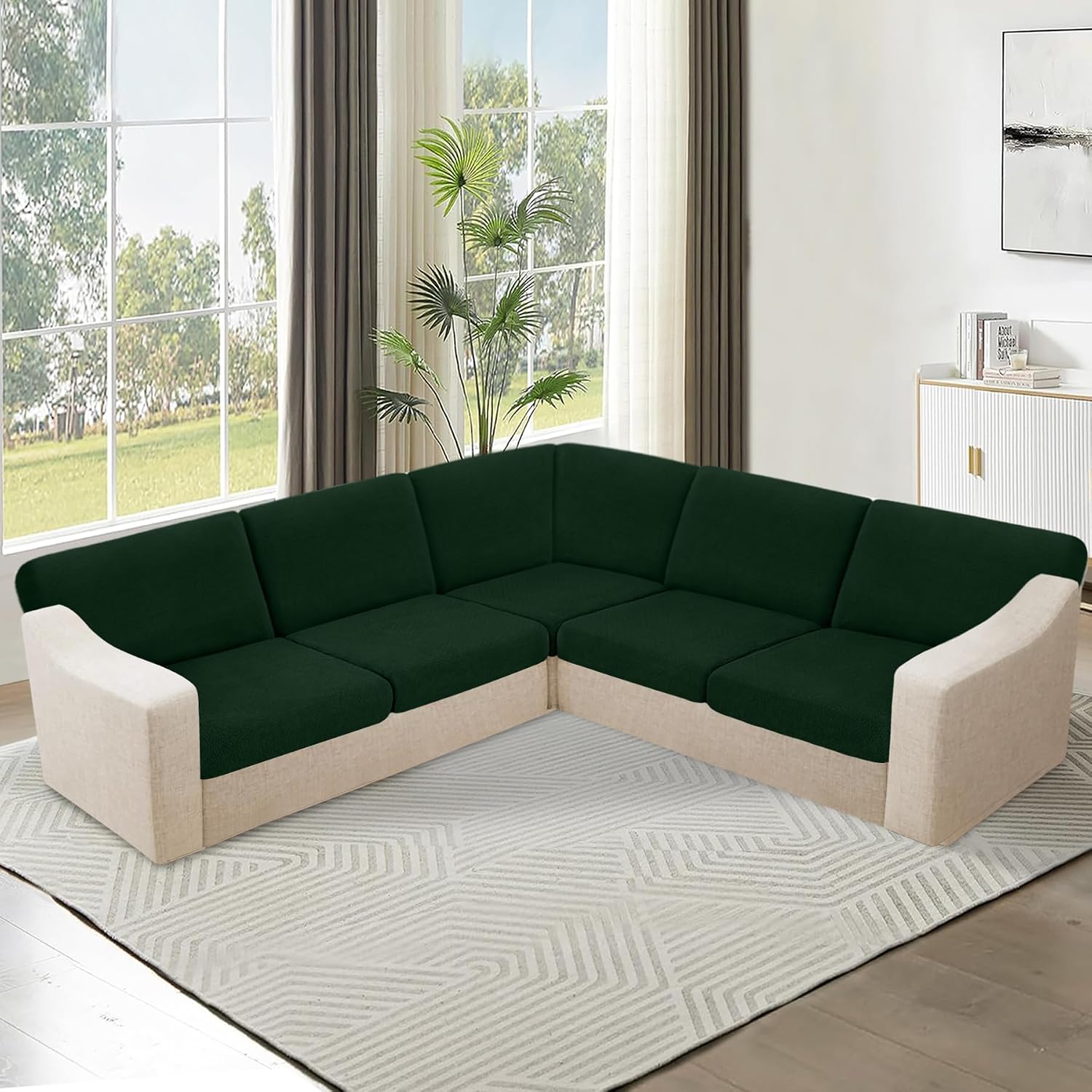 HDCAXKJ Waterproof Sectional Couch Cushion Covers 11 Pieces Stretch Jacquard L Shaped Corner Sofa Slipcover Back Cover Soft Sofa Seat Cushion Covers for Dogs (5 Seater and 6 Backrest, Blackish Green)