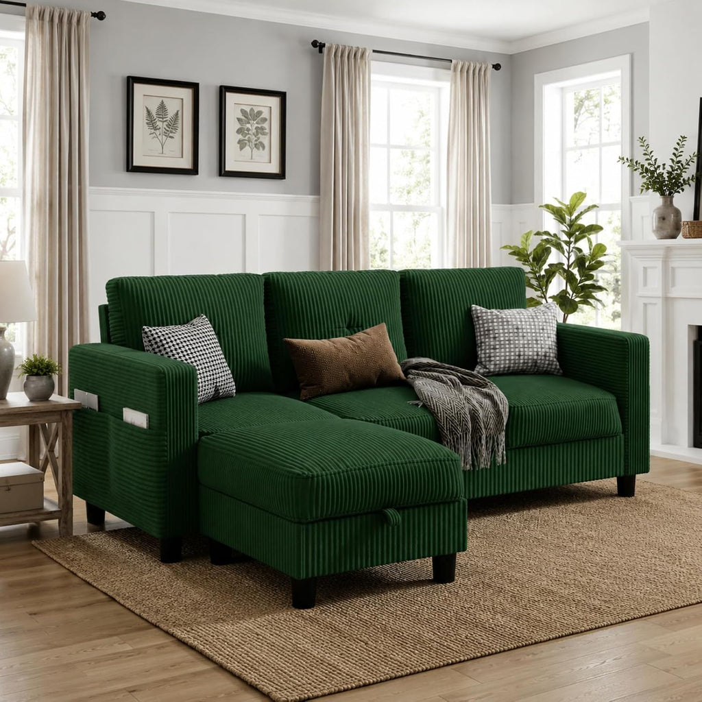 Convertible Sectional Sofa with Storage Ottoman, 77' L-Shaped 3-Seat Couch with Skin-Friendly Corduroy Fabric, Reversible Small Sectional for Small Space, Apartment, Living Room and Office(Green)
