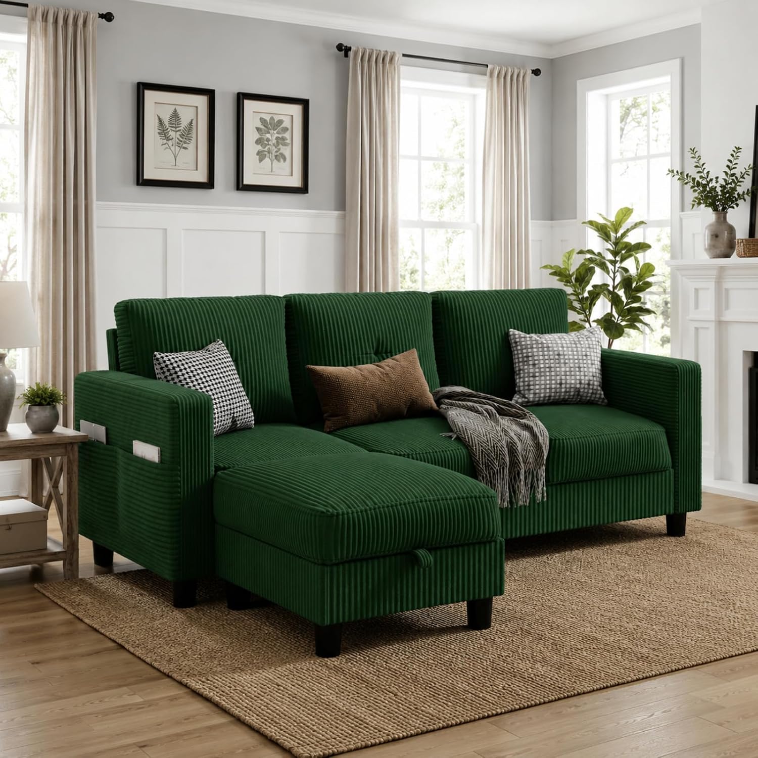 Convertible Sectional Sofa with Storage Ottoman, 77' L-Shaped 3-Seat Couch with Skin-Friendly Corduroy Fabric, Reversible Small Sectional for Small Space, Apartment, Living Room and Office(Green)