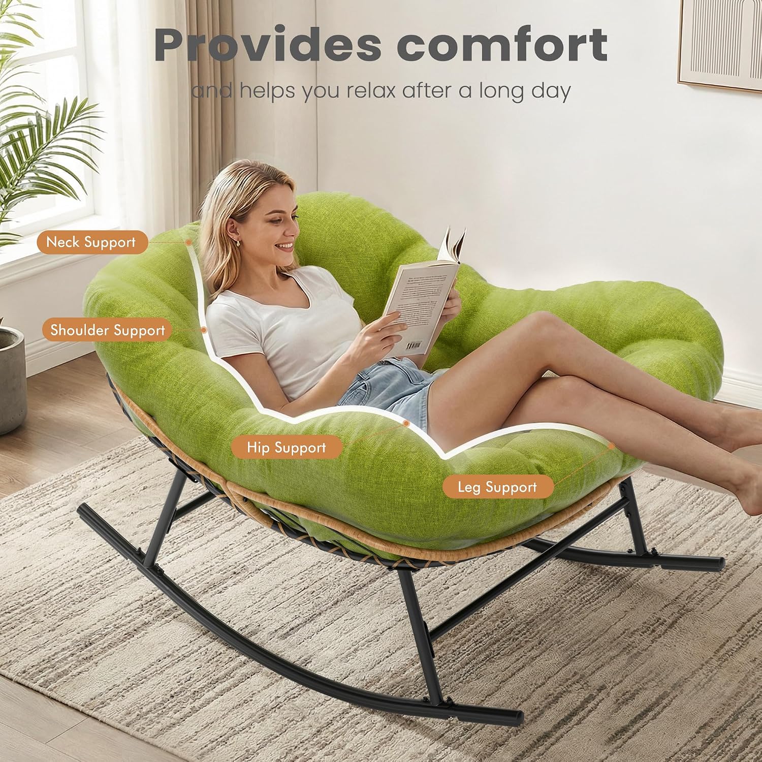 Easyego Oversized Papasan Rocking Chair Indoor Outdoor Use, Comfortable Wicker Rocker with Cozy Thicken Cushion for Deck, Balcony, Poolside, Lawn, Bedroom, Living Room, Green