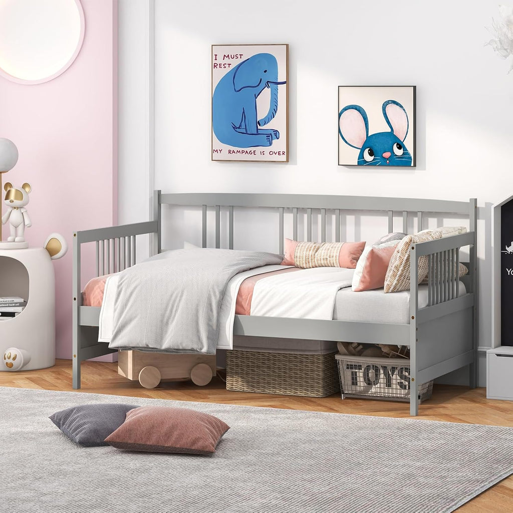 Giantex Twin Daybed Frame, Wooden Sofa Bed Guest Bed with Rails & Wood Slat Support, Dual-use Twin Size Platform Bed Frame for Living Room Bedroom, No Box Spring Needed, Grey