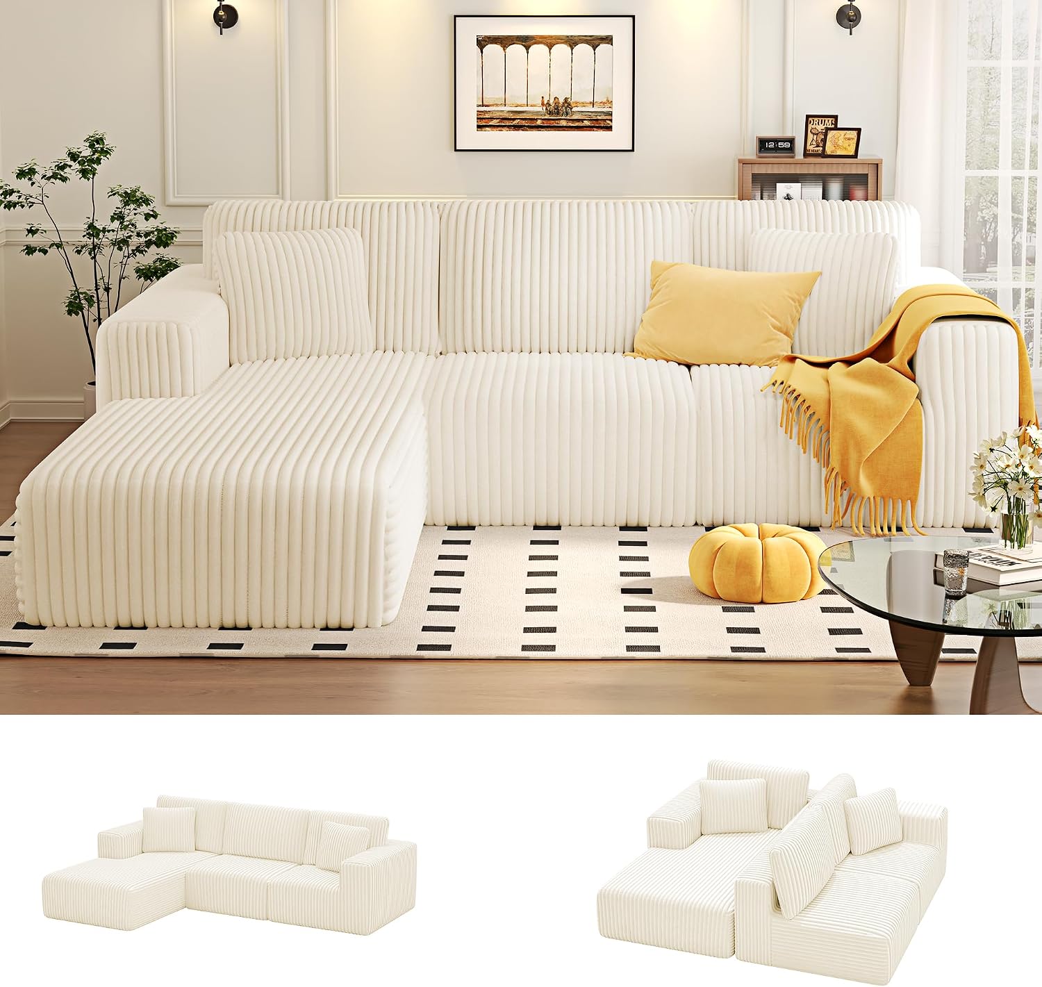 KINGYES 107'' Modular Sectional Sofa, L Shaped Cloud Couch for Living Room, Modern Boneless Sofa with Chaise for Bedroom, Beige