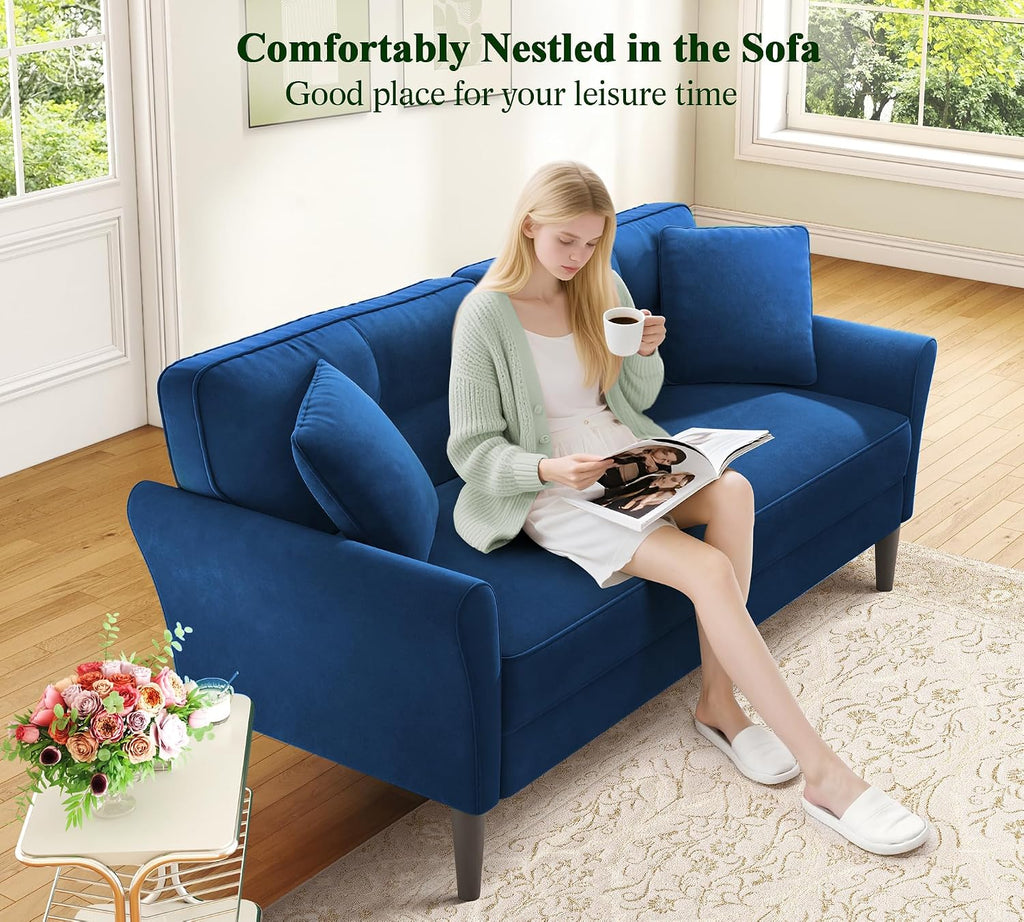 Loveseat Sofa, 69' Love Seat Couches, Comfy Velvet Small Couches for Small Spaces with 2 Pillows, Tool-Free Setup Sofas & Couches, 700lb Load Sofas for Living Room, Mini Couch for Bedroom, Blue Couch