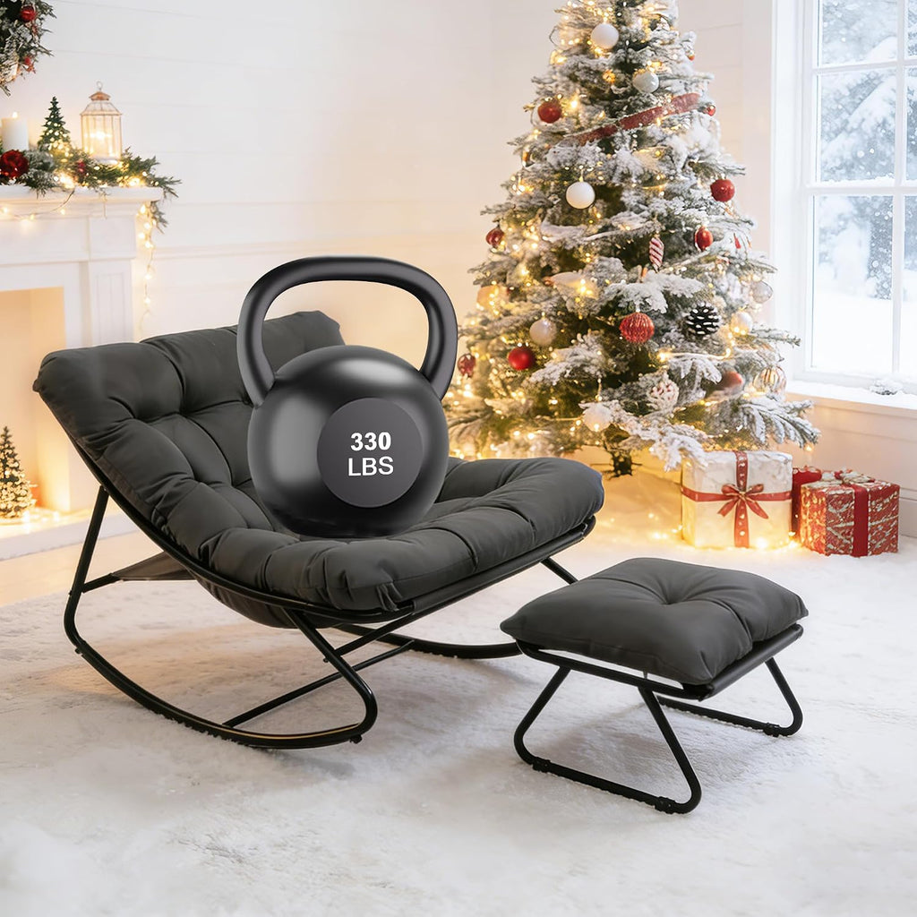 Outdoor Rocking Chair with Ottoman, Comfy Oversized Papasan Chair, Modern Upholstered Egg Gliders, 300 Lbs Wide Recliner Lounge Rocker for Bedroom, Living Room, Patio, Porch, Balcony (Grey)