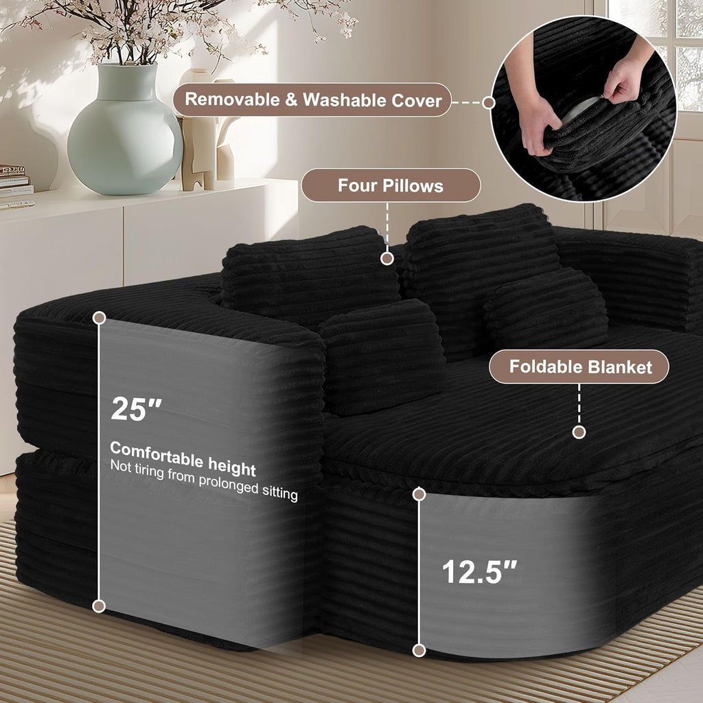 75'' Folding Sleeper Sofa Bed, Convertible Memory Foam Boneless Couch, Foldable Full Size Guest Bed, Modern 2-in-1 Futon Floor Sleeper Sofa with 4 Pillows and Blanket (Corduroy, Black)