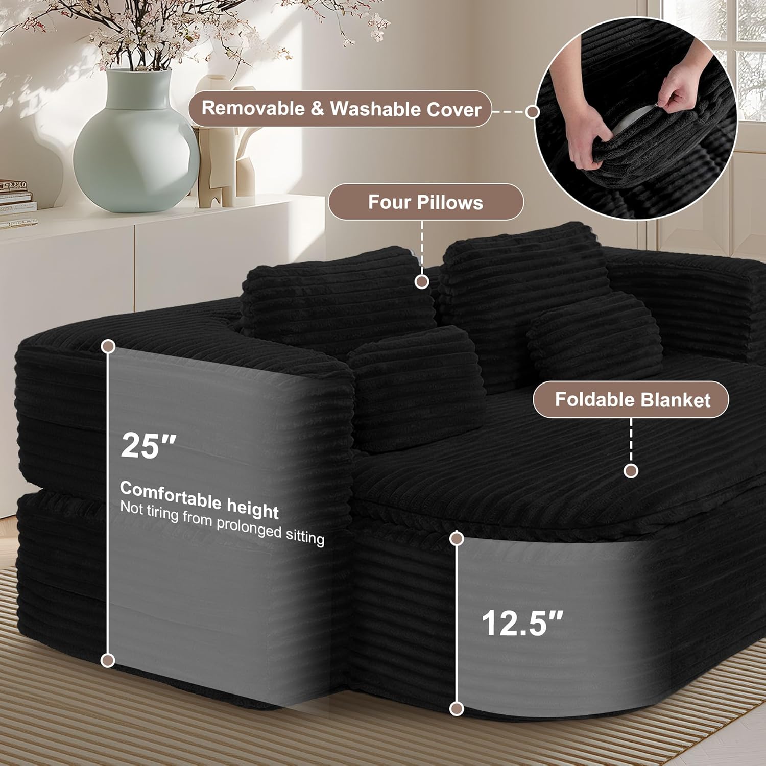 75'' Folding Sleeper Sofa Bed, Convertible Memory Foam Boneless Couch, Foldable Full Size Guest Bed, Modern 2-in-1 Futon Floor Sleeper Sofa with 4 Pillows and Blanket (Corduroy, Black)
