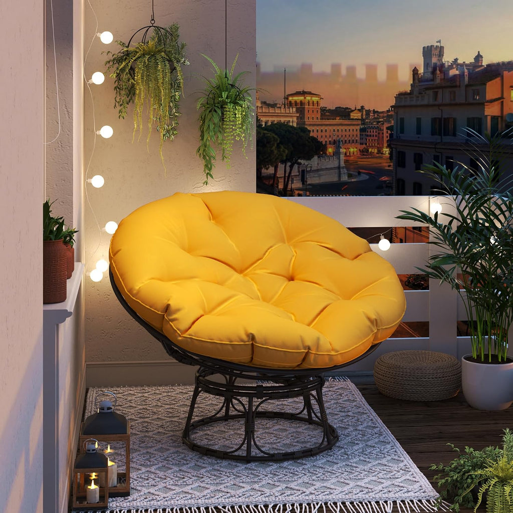 46'' Large Size Papasan Chair (Non-Swivel) with Cushion and Frame, Overstuffed Thickened Lazy Chair, Mustard Yellow