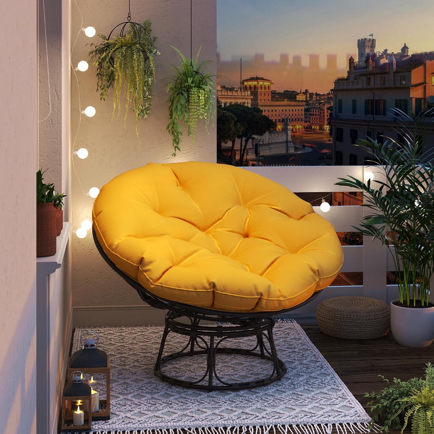 46'' Large Size Papasan Chair (Non-Swivel) with Cushion and Frame, Overstuffed Thickened Lazy Chair, Mustard Yellow