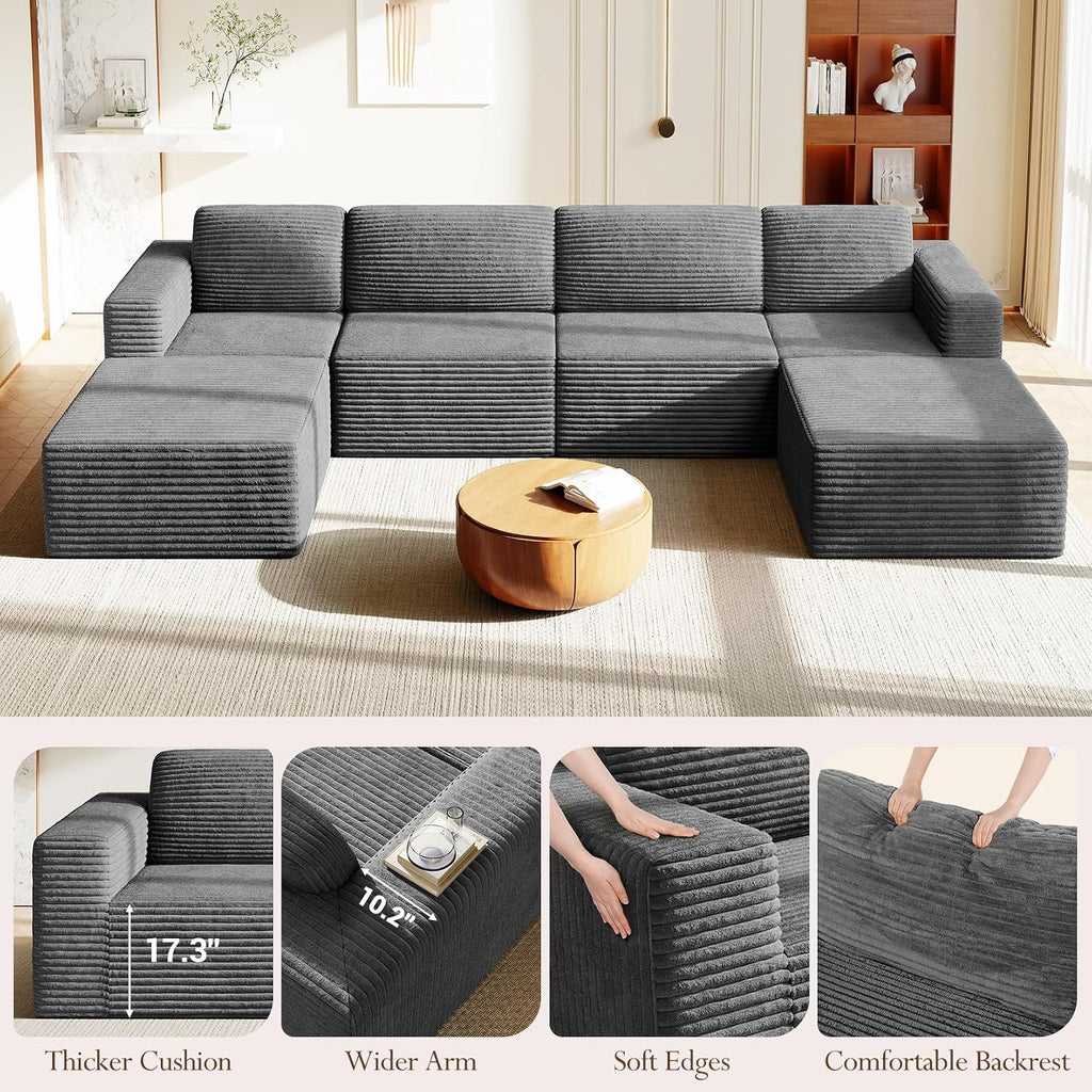 Vesgantti 159' Large Modular Sectional Sofa, U-Shaped Corduroy Cloud Couch with Deep Seats & Spring Support, 4-Seater Boneless Sofa with 2 Movable Ottomans, No Assembly Needed, Grey
