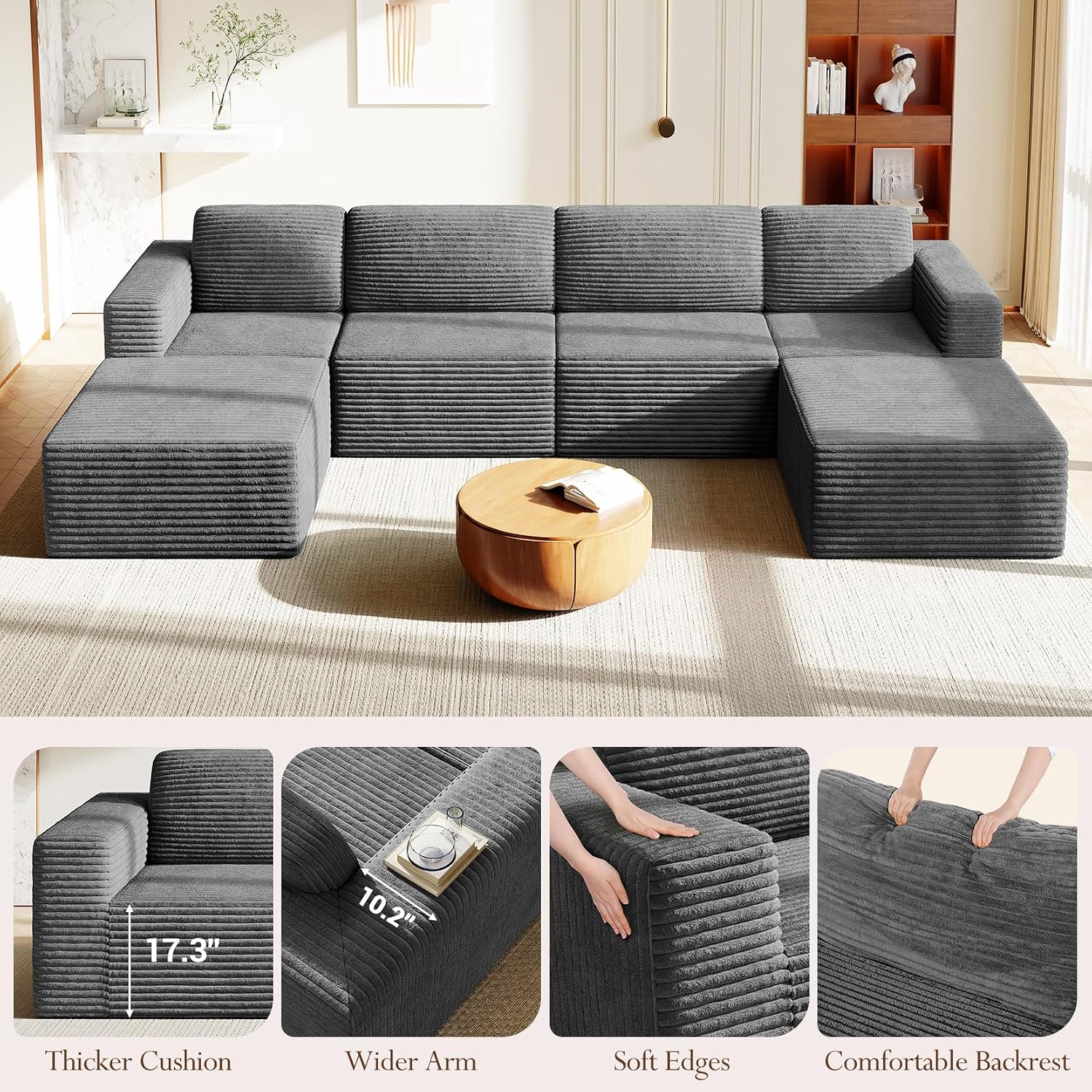 Vesgantti 159' Large Modular Sectional Sofa, U-Shaped Corduroy Cloud Couch with Deep Seats & Spring Support, 4-Seater Boneless Sofa with 2 Movable Ottomans, No Assembly Needed, Grey