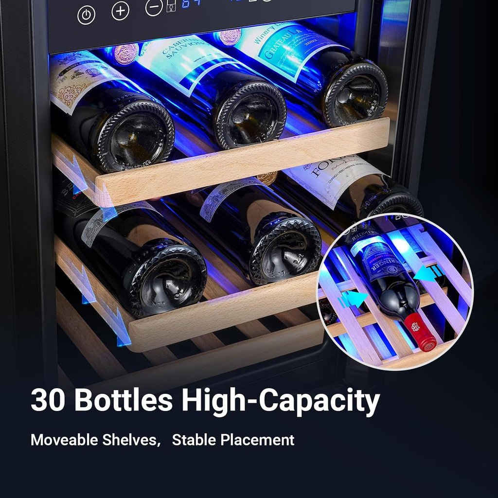 BODEGA 15 Inch Wine Cooler Dual Zone, 30 Bottle, Built-In or Under Counter Freestanding Wine Cooler Refrigerator With Stainless Steel Handle, Wine Fridge With Lock, Energy Efficient,For Home, Kitchen