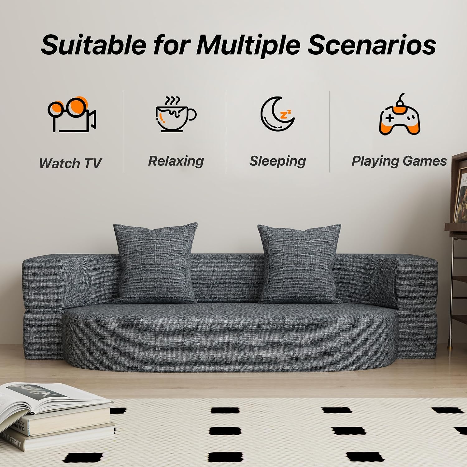 HENGJIANYI Folding Sofa Bed, Convertible Futon Sleeper Bed, 2-in-1 Foldable Floor Mattress with 2 Pillows, Breathable High-Density Foam Lazy Couch, Twin Size Comfy Lounge Chair, Dark Gray