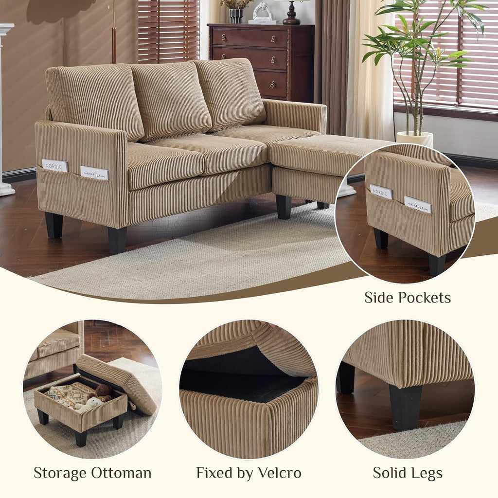 Karl home Small Sectional Couch L Shaped Sofa with Movable Storage Ottoman Corduroy Upholostered Sofa Chaise with Side Pockets for Living Room, Apartment, Studio, Khaki