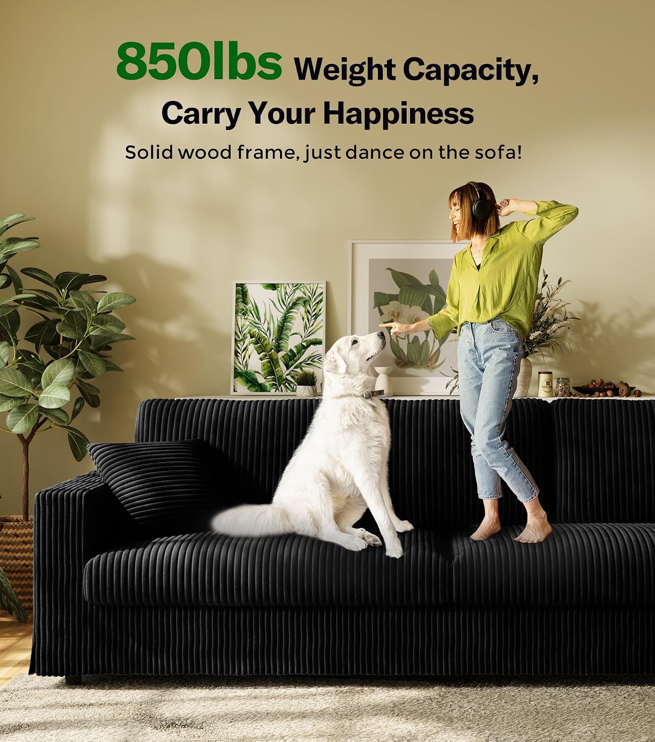 Welzona Corduroy Sofa Couch, 101' Comfy Couches for Living Room, Black | 24' Extra Deep Seat, Tool-Free Sofas, All-Wood Loveseat, 2 Pillows Included, 850lbs Load-bearing