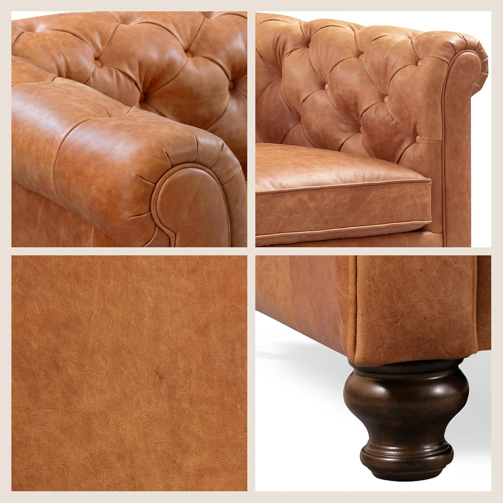 POLY & BARK Lyon 87.4' Leather Sofa in Cognac Tan – Full-Grain Pure-Aniline Italian Leather, Deep Button Tufting, Rolled Arms and Espresso Wood Legs – Chesterfield Style for Elegant Living Rooms