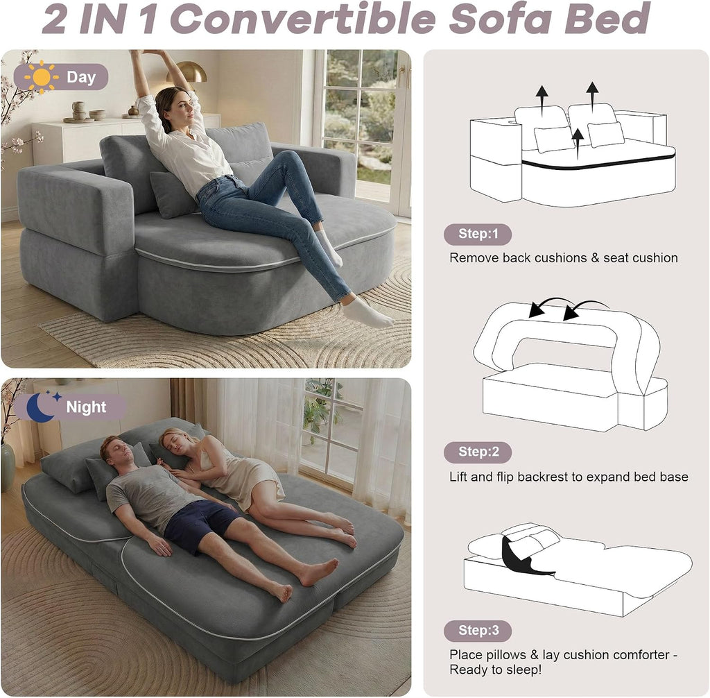 75'' Folding Sleeper Sofa Bed, Convertible Memory Foam Boneless Couch, Foldable Full Size Guest Bed, Modern 2-in-1 Futon Floor Sleeper Sofa with 4 Pillows and Blanket (Chenille, Gray1)