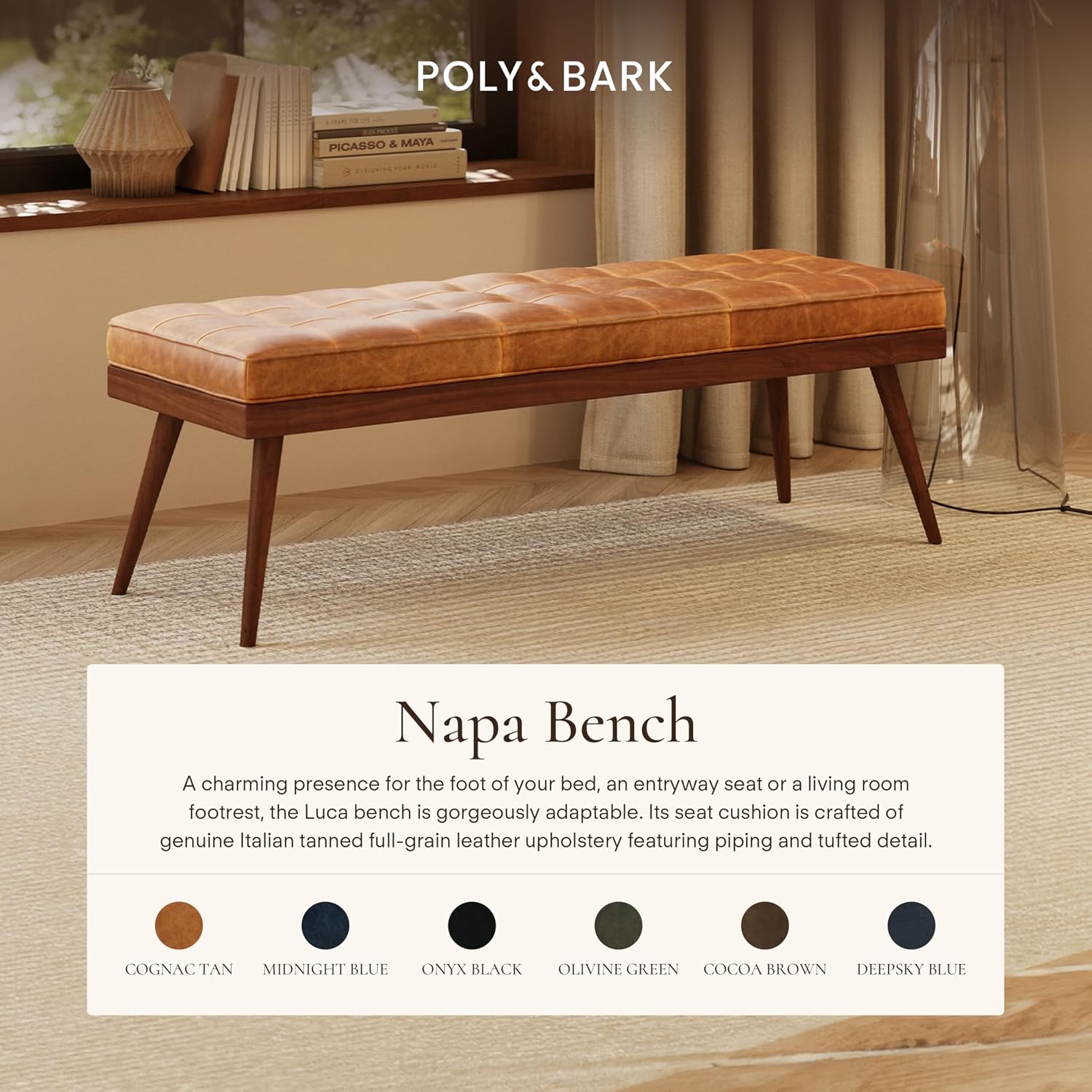 Poly & BARK 55' Tufted Leather Bed Bench for Bedroom End of Bed - Living Room Entry Way Bench - Pure Italian Leather Upholstery with a Solid Wood Frame - Ottoman Bench with Wooden Legs - Cognac Tan