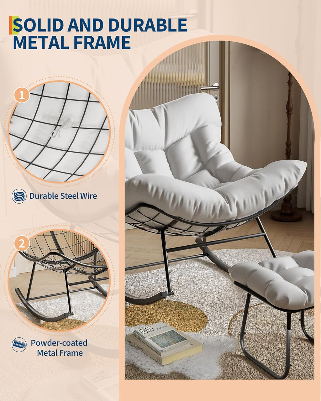 Oversized Papasan Rocking Chair with Ottoman - Durable Handwoven Egg Chair, Soft Cushion & Metal Frame for Patio, Bedroom, Living Room
