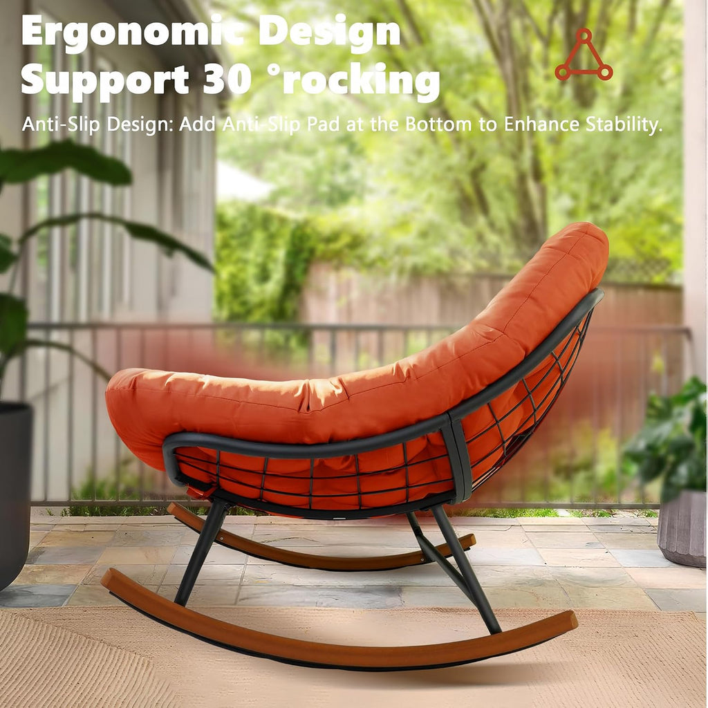 Double Outdoor Papasan Rocking Chair, Oversized Papasan Loveseat with 6' Weatherproof Cushion & PE Rattan Frame, All-Weather Patio Furniture for 2 Adults,Red