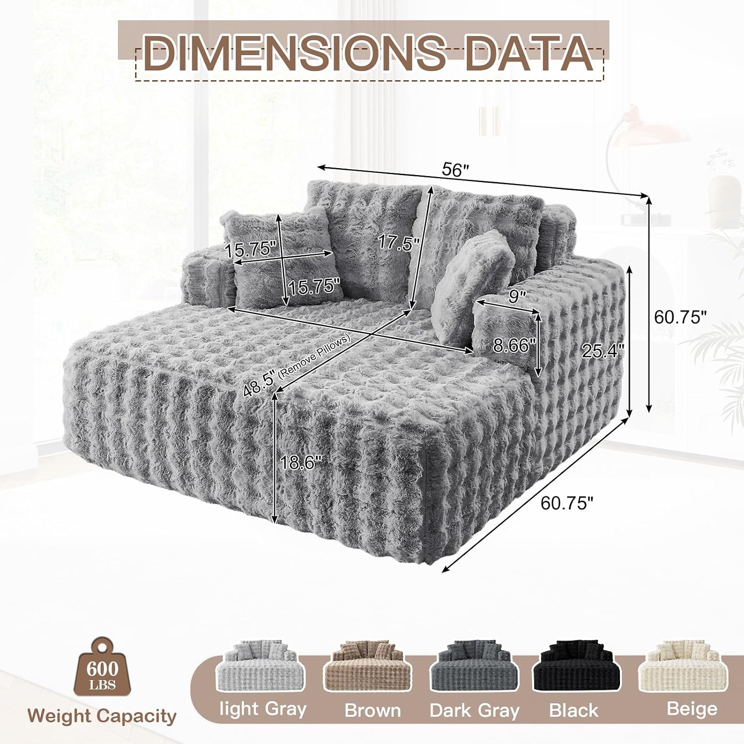 JEEOHEY 56'W Oversized Chaise Lounge Chair Indoor,Plush Faux Fur Sleeper Couch Sofa Bed with Pillows,Fluffy Comfy Cloud Sofa,Compression Foam Boneless Couch for Living Room,Bedroom(Bubble, Light Grey)