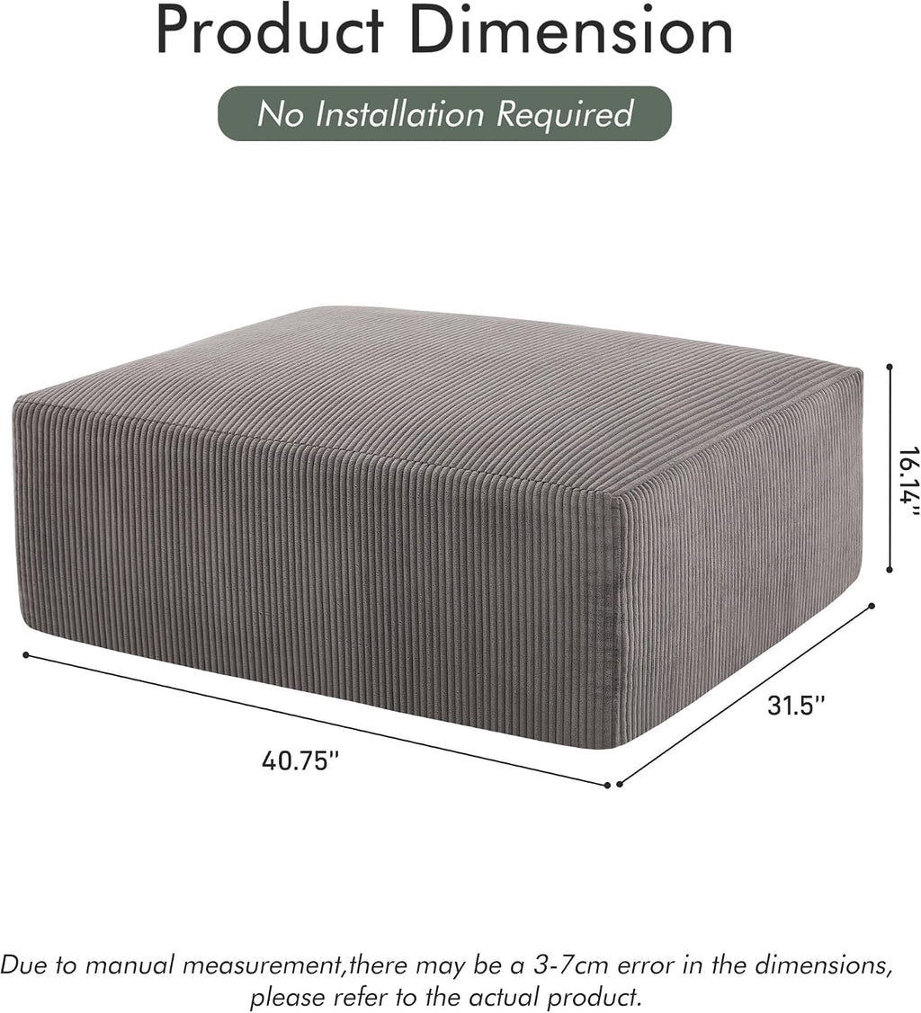 Gericco 113' Modular Sectional Couch, Cloud Boneless Sofa with Deep Seats, Upholstered Corduroy Square Stuffed Pouf, 2 Pcs 40 * 31 Inch Furry & Fluffy Movable Foot Stool for Living Room, Grey