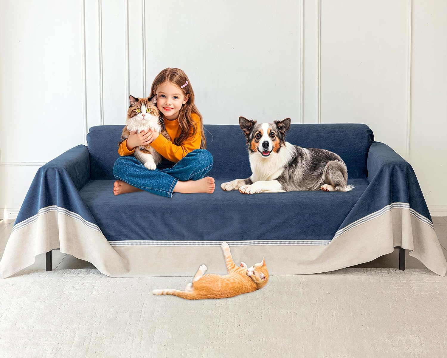 Cat Scratch Furniture Protector - Anti-Slip, Waterproof Sofa Cover to Keep Cats Off, Pet-Friendly Couch Protectors for 3 Cushion Couch, Anti-Scratch Couch Cover for Pets and Kids 150'X91'Navy Blue