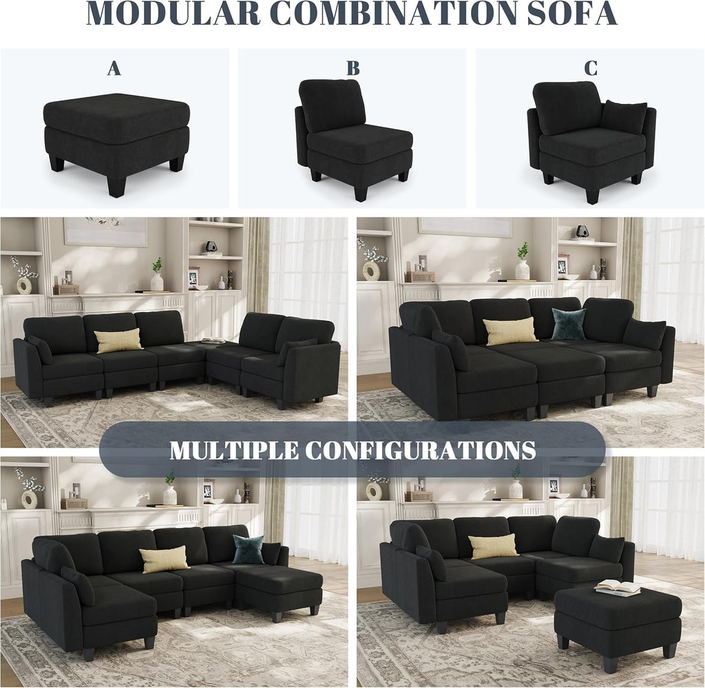 Sectional Sleeper Sofa, 6 Seaters Modular Sleeper Sofa Couch, Comfy Sectionals Couches Bed, Convertible Sofas with Ottomans, Modular Sectional Couches for Living Room, Black