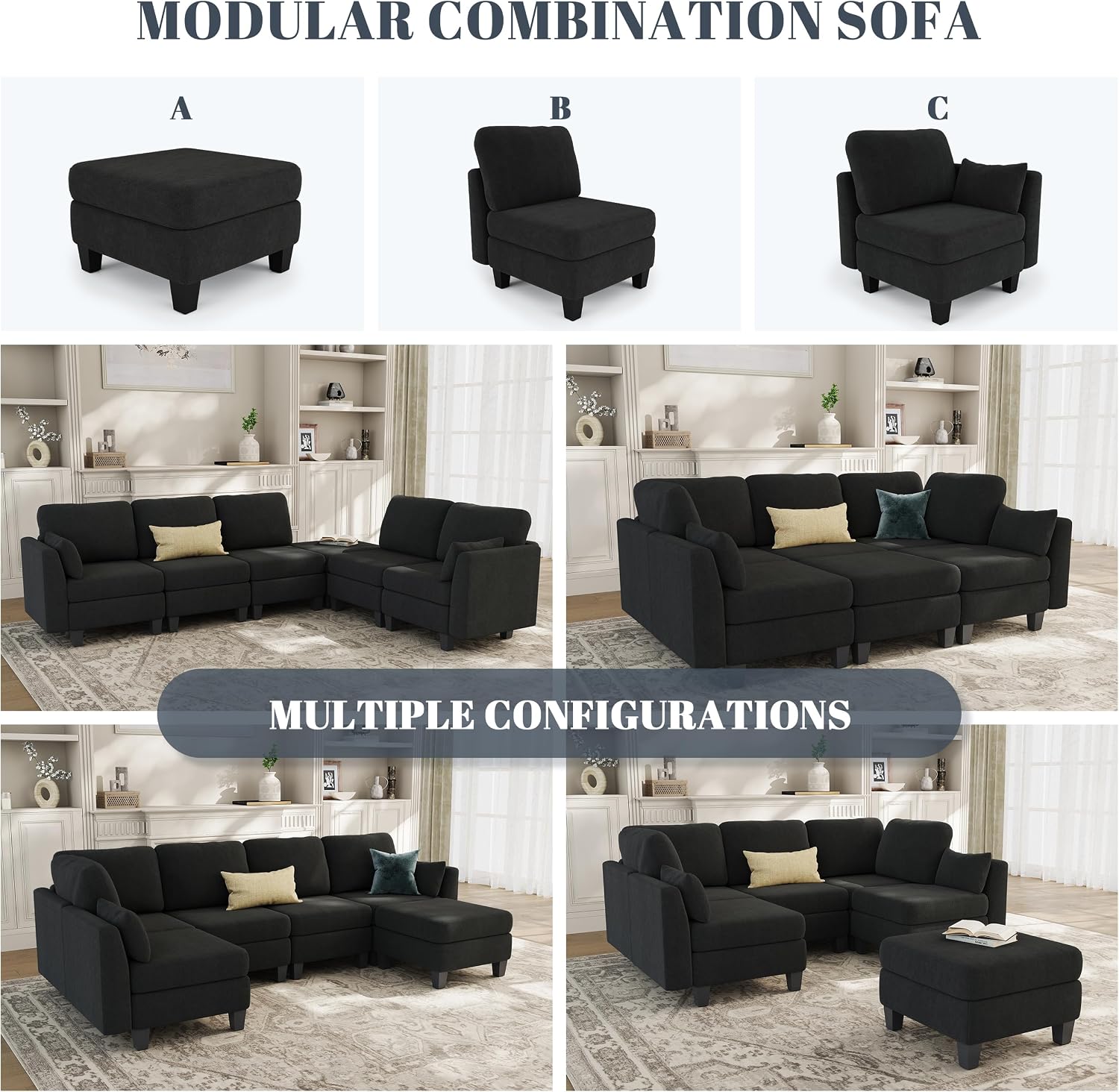 Sectional Sleeper Sofa, 6 Seaters Modular Sleeper Sofa Couch, Comfy Sectionals Couches Bed, Convertible Sofas with Ottomans, Modular Sectional Couches for Living Room, Black