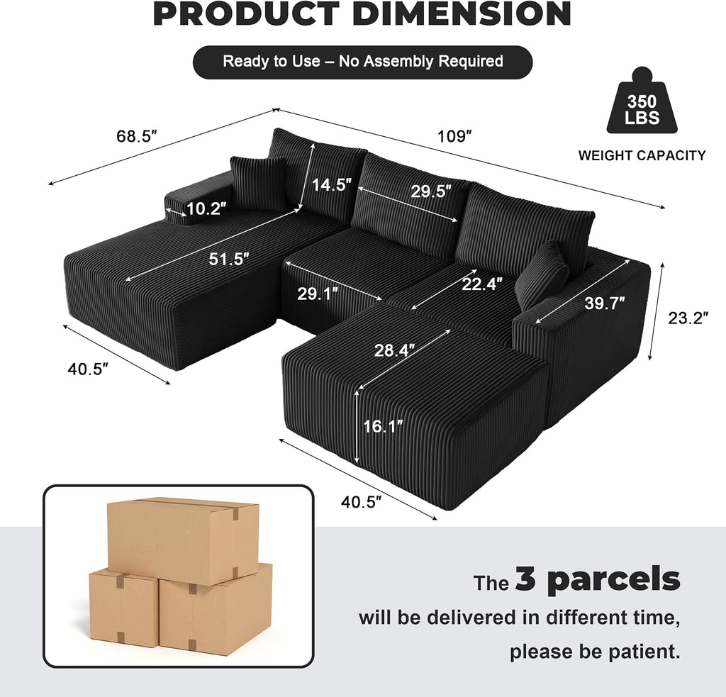 Weture 108' Modular Sectional Sofa, Cloud Sectional Couch with Deep Seat, Upholstered Boneless Couches for Living Room Bedroom, Modern Modular U-Shape Sofa Couch with Chaise, 5Seat, Black
