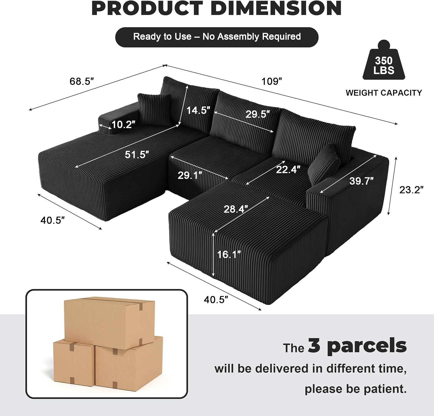 Weture 108' Modular Sectional Sofa, Cloud Sectional Couch with Deep Seat, Upholstered Boneless Couches for Living Room Bedroom, Modern Modular U-Shape Sofa Couch with Chaise, 5Seat, Black