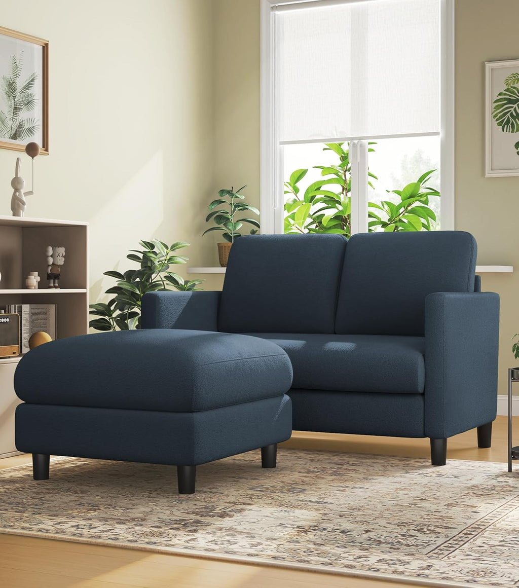 Welzona Loveseat, 51' Small L Shaped Couch, Comfy Teddy Love Seat with Ottoman Set, Tool-Free Setup Loveseat Sofa with Ottoman, All-Wood Small Sofa Couch for Bedroom, Couch for Living Room, Blue Grey