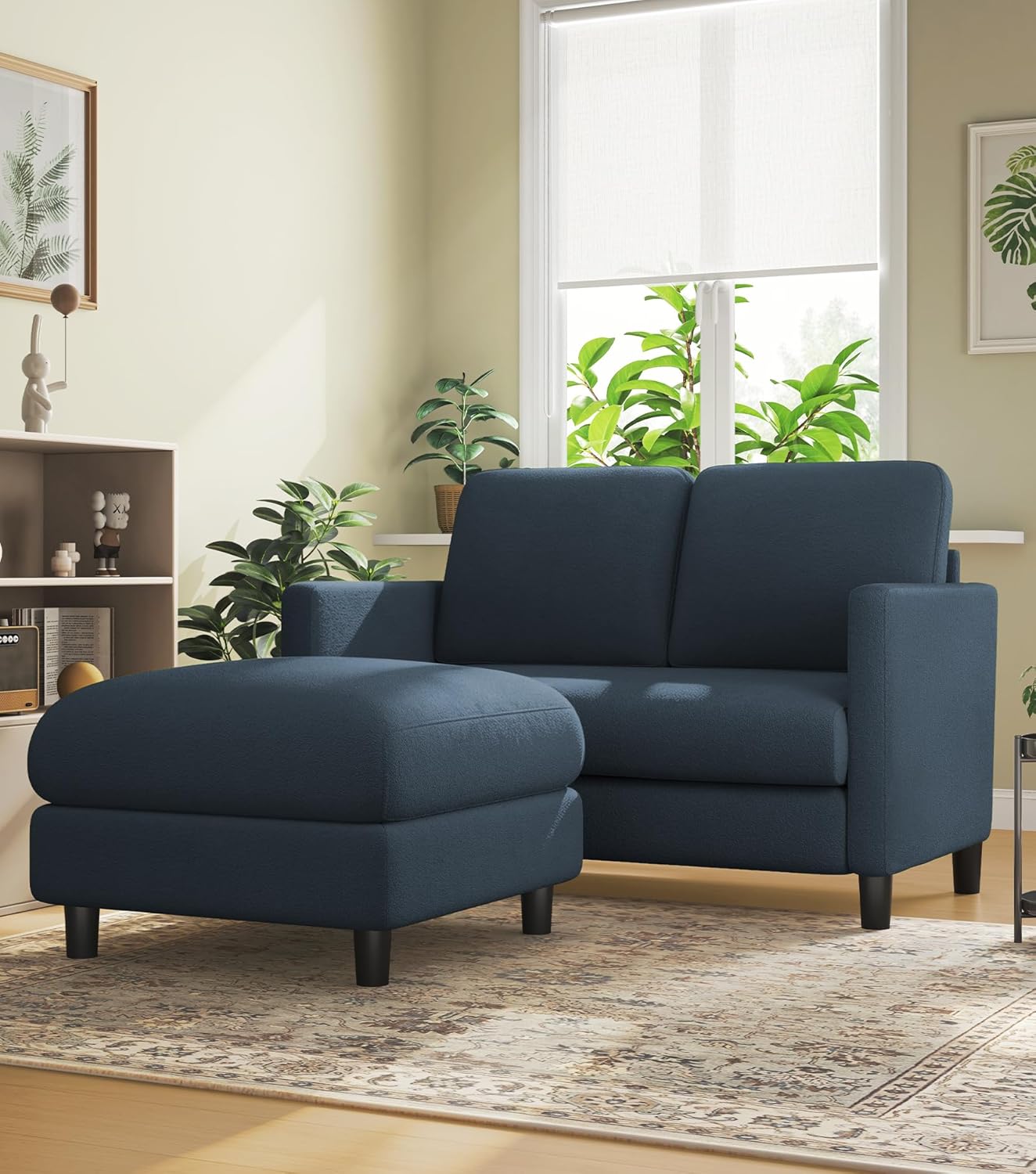 Welzona Loveseat, 51' Small L Shaped Couch, Comfy Teddy Love Seat with Ottoman Set, Tool-Free Setup Loveseat Sofa with Ottoman, All-Wood Small Sofa Couch for Bedroom, Couch for Living Room, Blue Grey