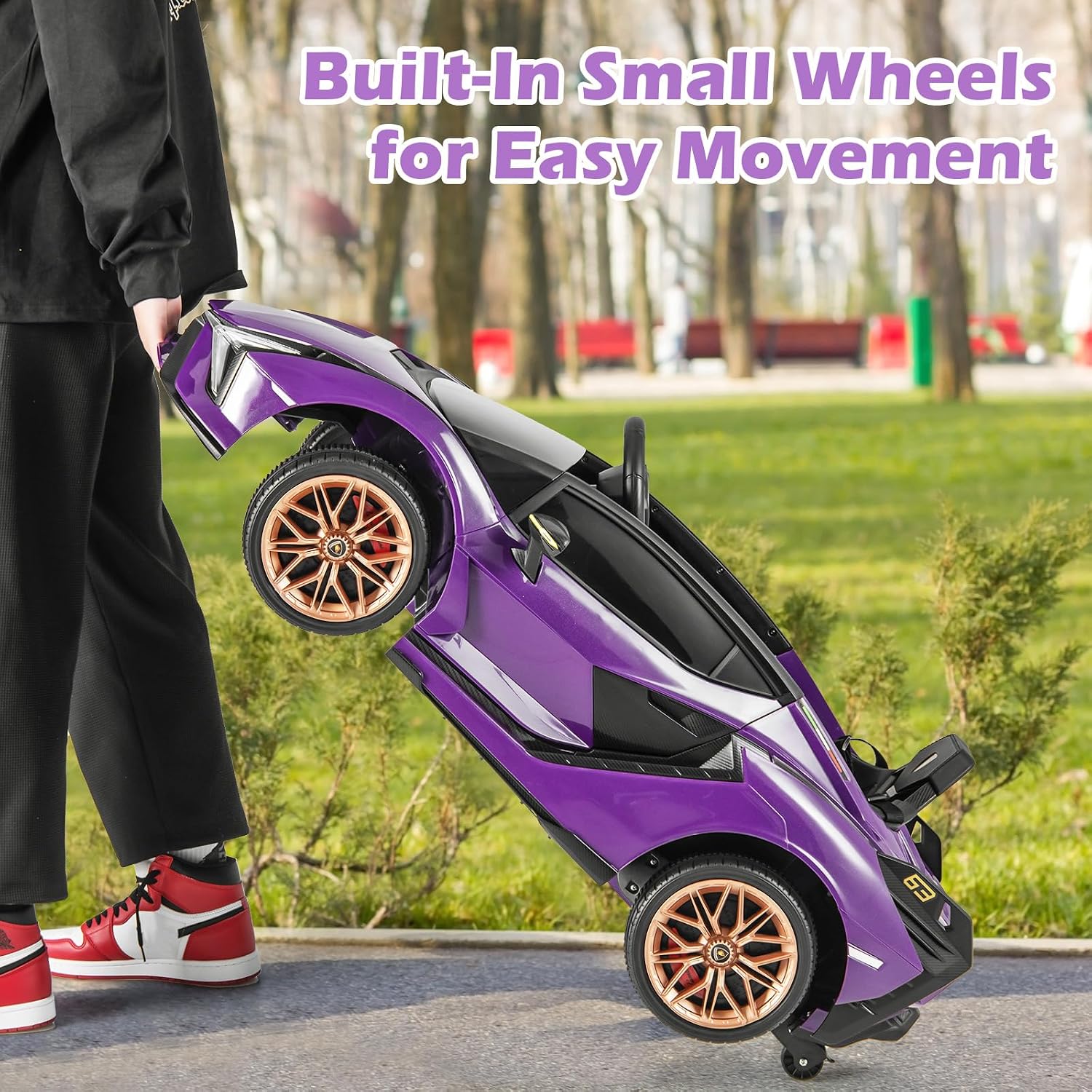 INFANS 12V Licensed Lamborghini Sian Kids Ride On Car with Parent Remote Control, Spring Suspension, MP3 Player, Electric Toy Roadster Carbon Fiber Textured for Toddler (Purple)