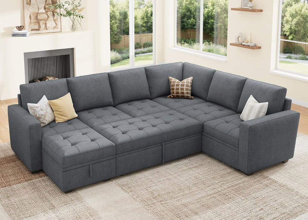HONBAY Modular Sectional Couch with Pull Out Bed,Moduar Sleeper Sofa with Storage,U Shaped Sectional Couches for Living Room,Bluish Grey