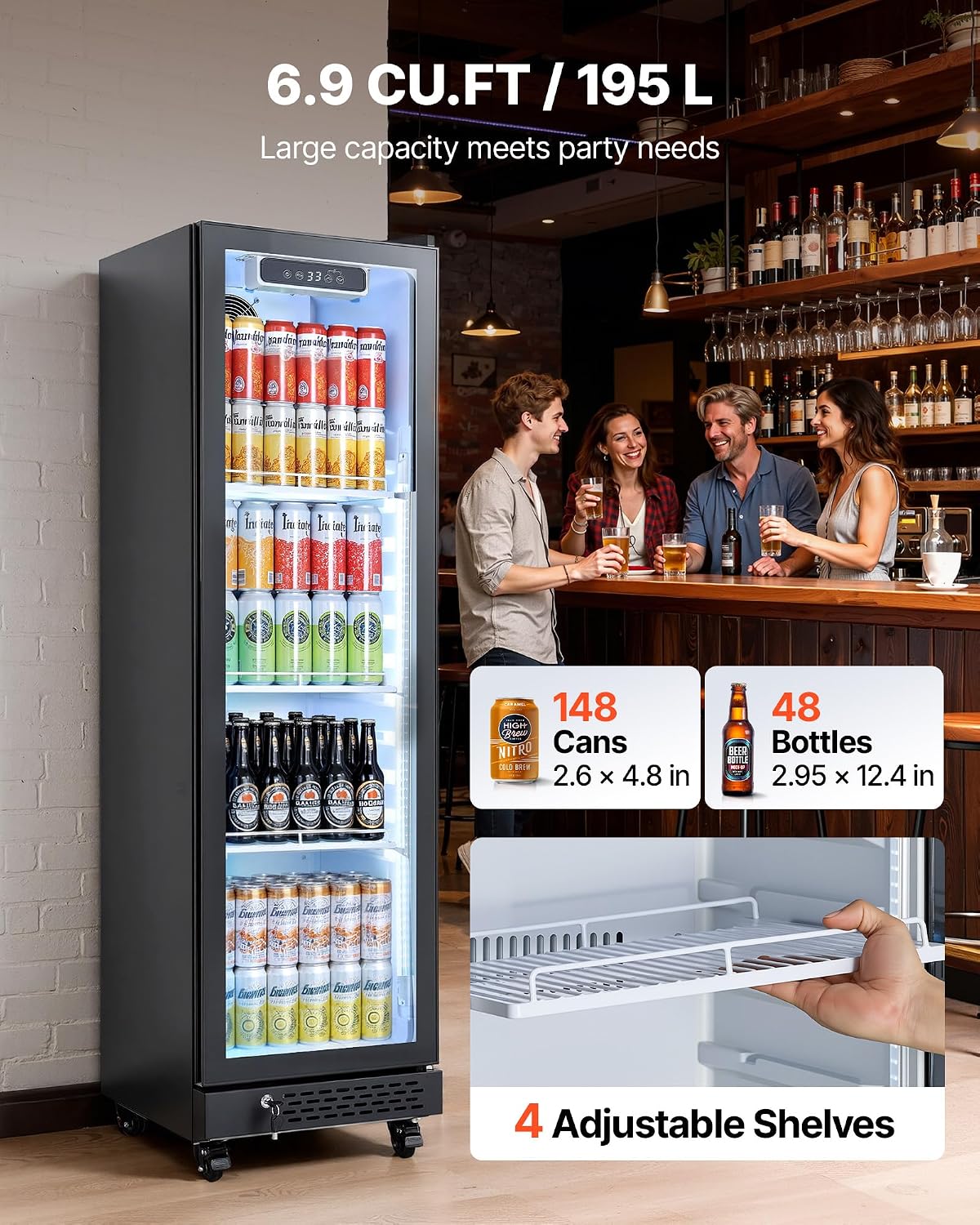VEVOR Commercial Merchandiser Refrigerator, 6.9 Cu.Ft / 195L Glass Door Display Refrigerator, Upright Beverage Cooler Fridge with 4 Adjustable Shelves, Soft LED Light & Casters for Homes Shops Bars