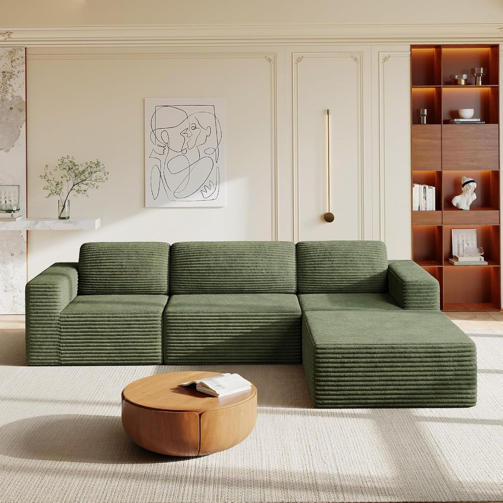 Vesgantti 119' L-Shaped Modular Sectional Sofa, Corduroy Cloud Couch with Deep Seating & Spring Support, Flexible Layout Sofa with Ottoman, Boneless Style, No Assembly Required, Green