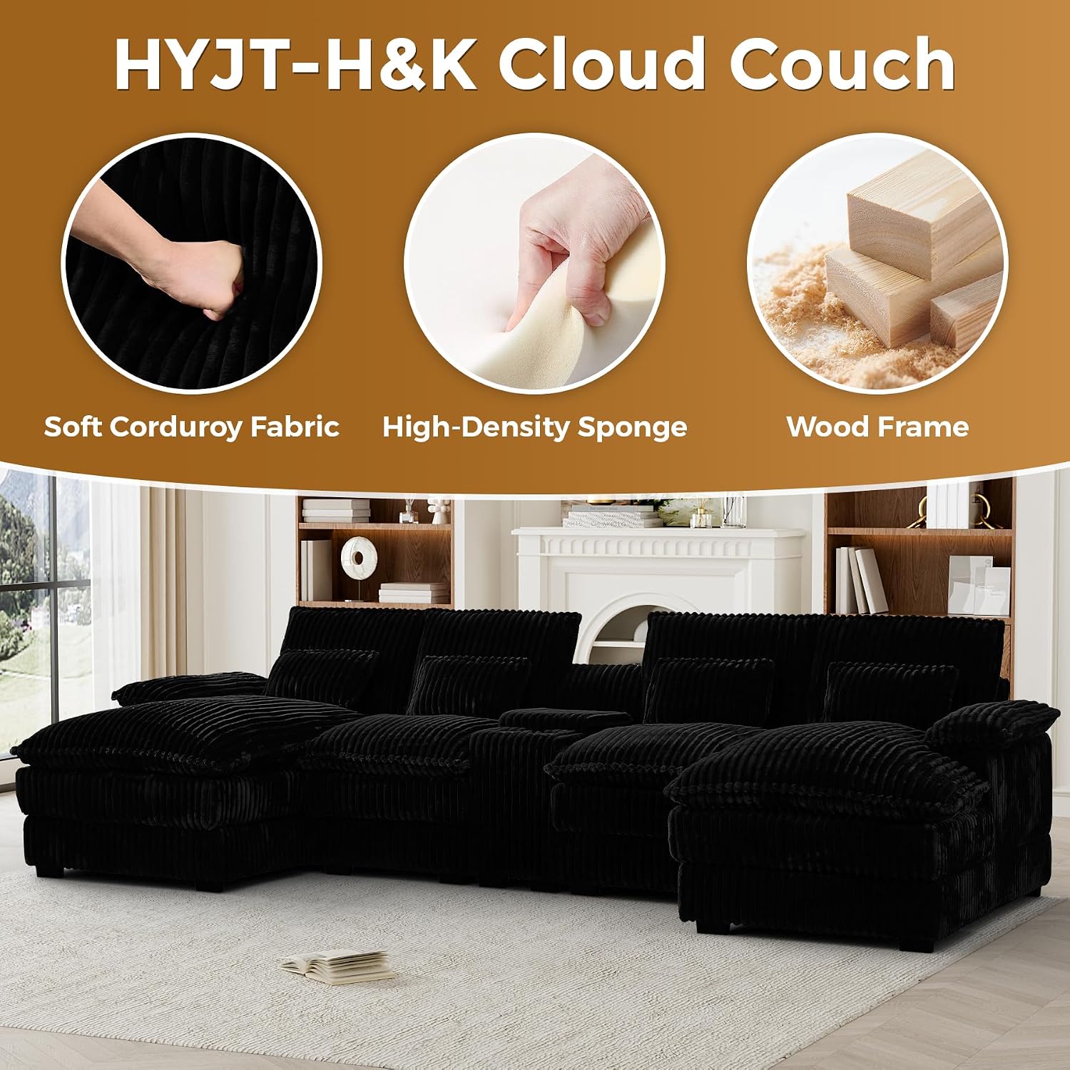 HYJT-H&K 124' U Shaped Cloud Couch Sectional, Comfy Fluffy Plush Corduroy Dark Black Sectional Couches for Living Room, Modern Modular Corduroy Couch Sectionals with Central Console & Double Chaise