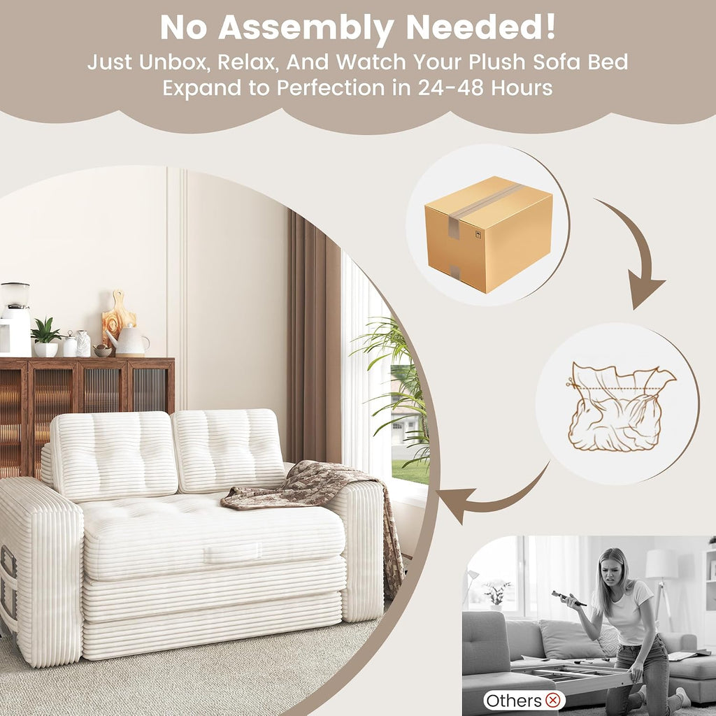 Convertible Sofa Bed, 2 in 1 Boneless Couch Bed with 2 Pillows, Corduroy Pull out Couch Folding Sofa Bed with Deep Seat, Small Loveseat Sleeper Sofa Bed in a Box for Small Spaces, No Assembly Needed