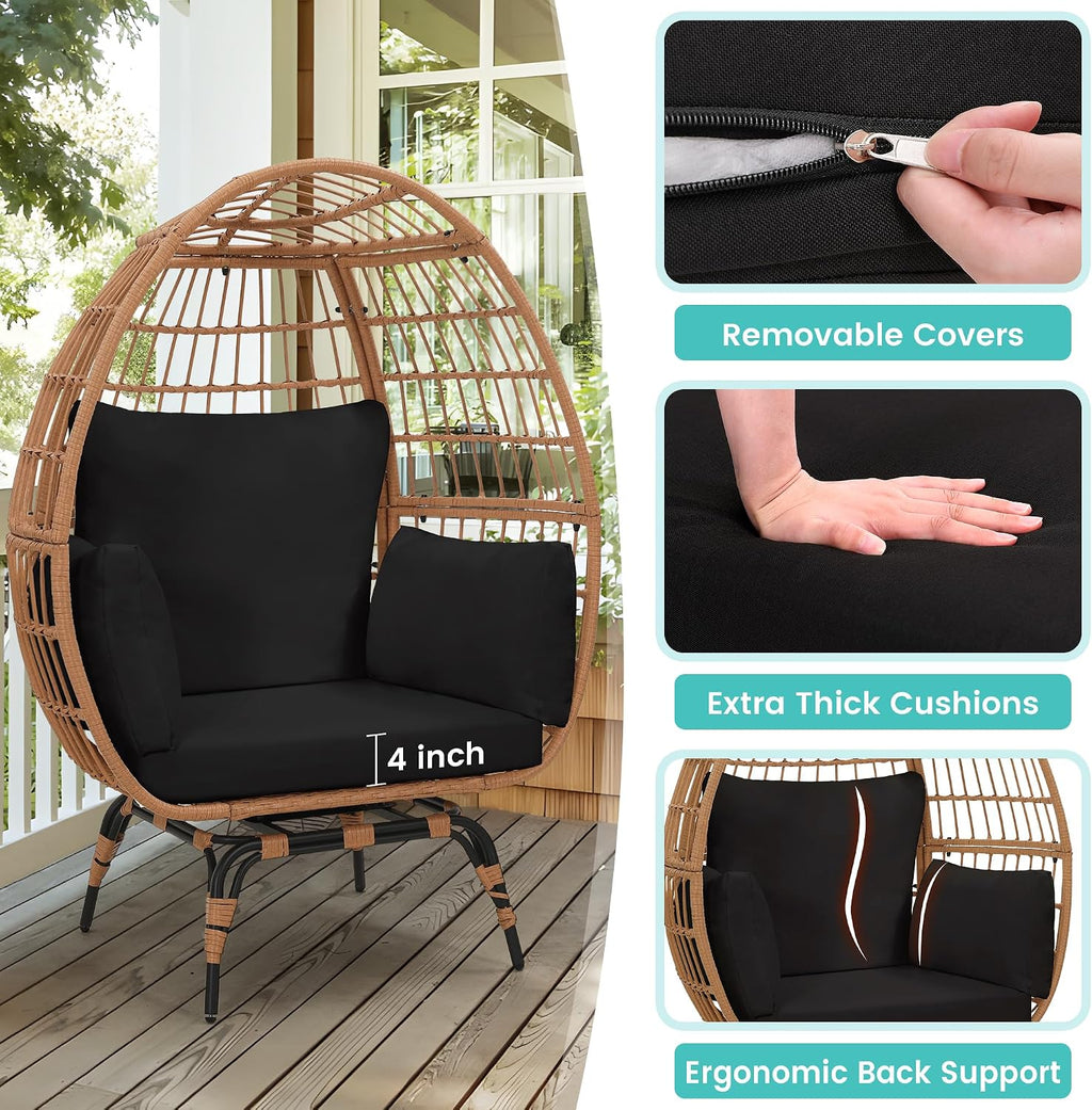 Murago Oversized 360° Swivel Rattan Egg Chair for Adult, Indoor Outdoor Patio Large Wicker Egg Chair with Overstuffed Cushions, 440lb Weight Capacity, Natural Rattan with Black Cushion