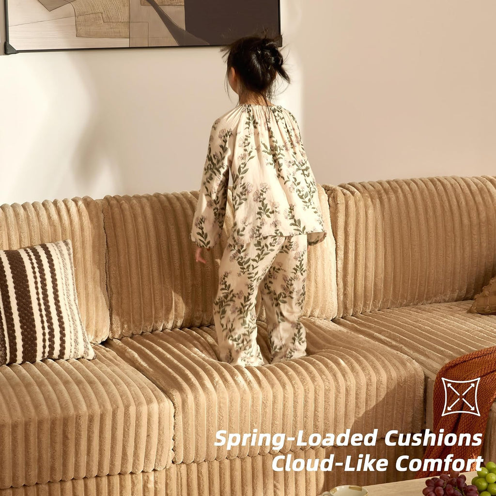 Cloud Couch 139' U-Shaped Couch(Not Boneless), Oversized 7-Seater Modular Couch, Queen Sofa with Corduroy Upholstery, Deep Seats, Pocket Spring Cushions for Living Room, Right Facing Chaise, Camel