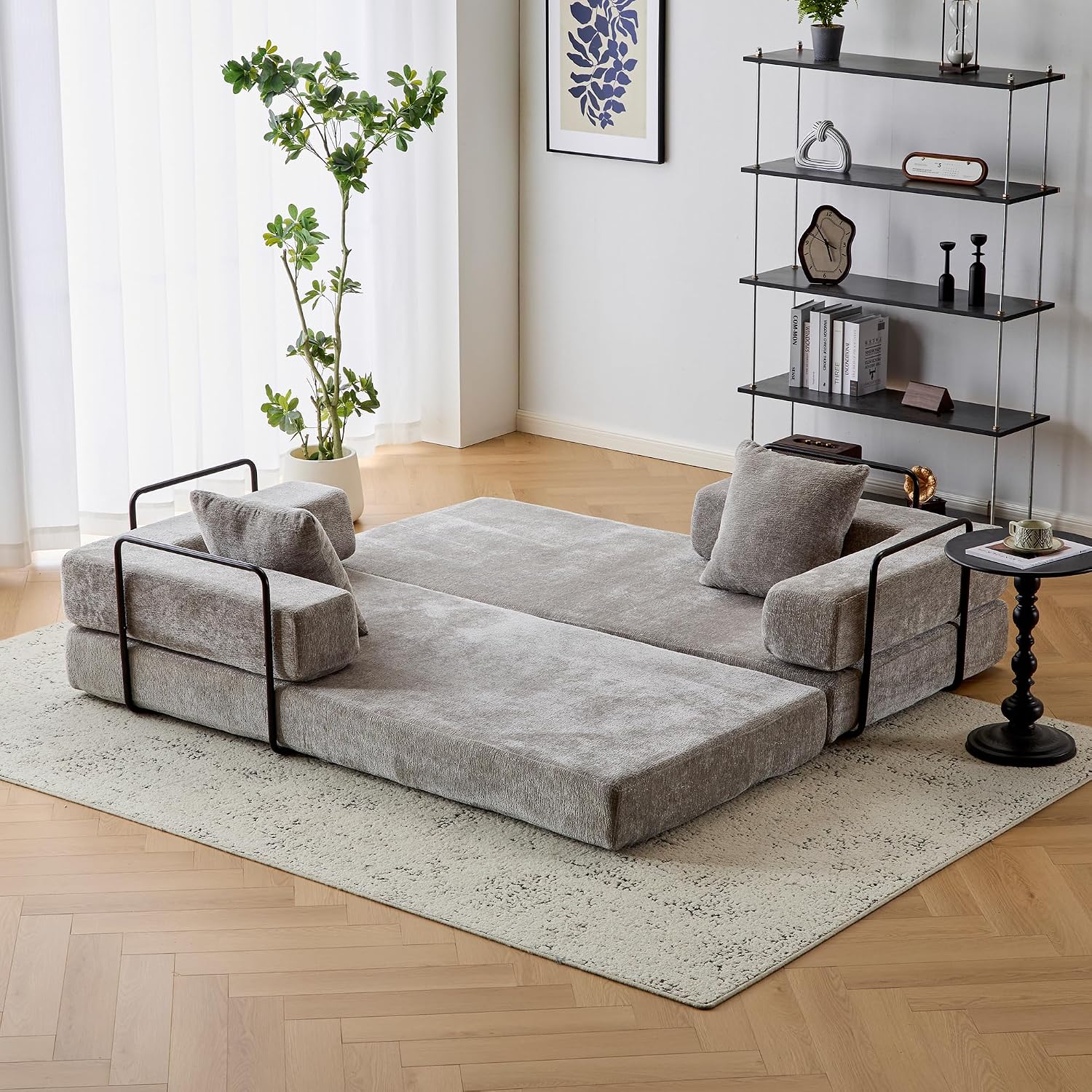 ZEIINPA Convertible Floor Sofa Bed with Fixed-Shape Frame, Modular Chenille Folding Mattress Couch with Armrest, Floor Sofa Lounge Couch for Living Room Bedroom Lounge Studio,Light Grey