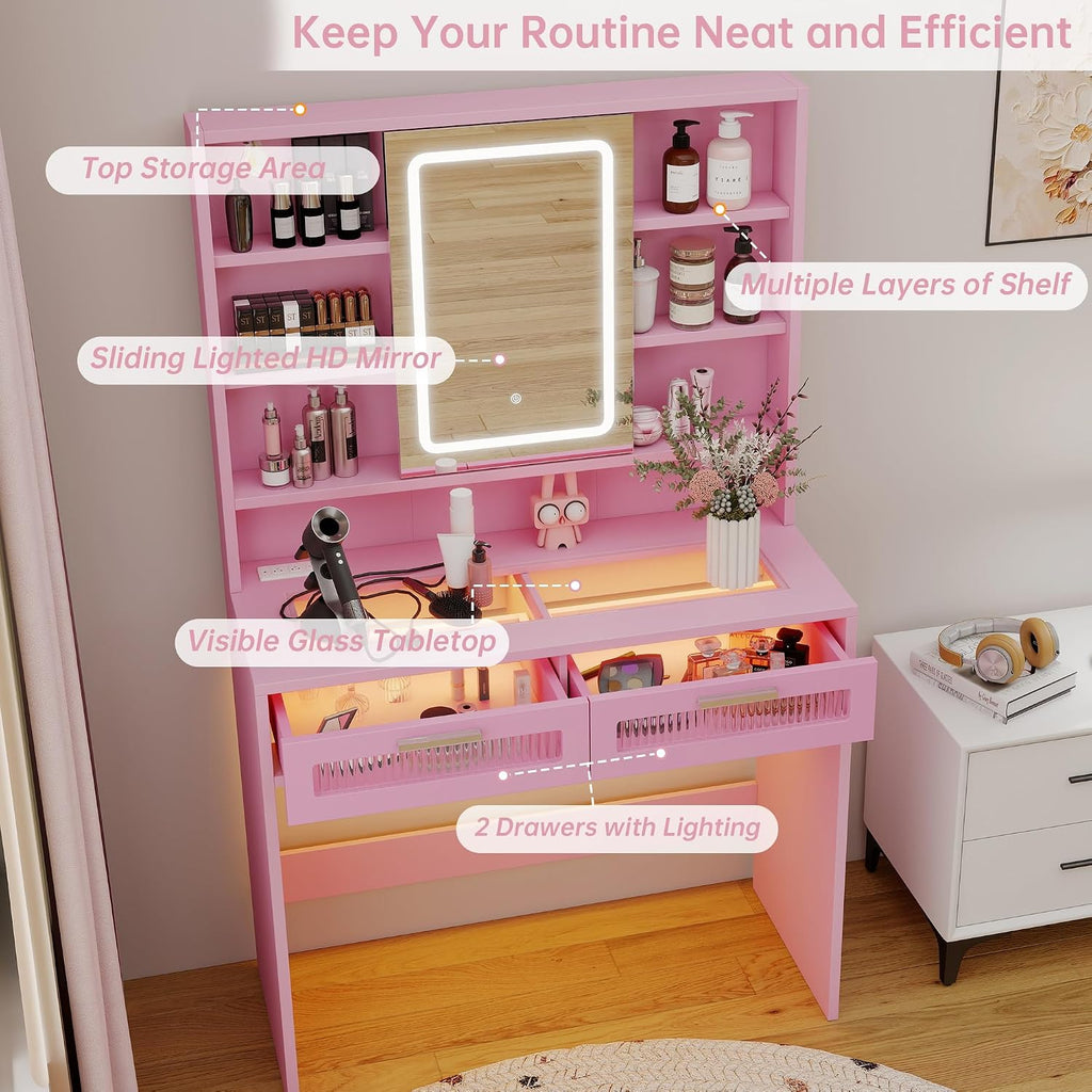 Hadulcet Pink Vanity Desk with Mirror and Lights, 35.5' Small LED Makeup Vanity Desk with 2 Acrylic Drawers, 6 Storage Shelves and Power Outlets for Girls Women Bedroom Dressing Room