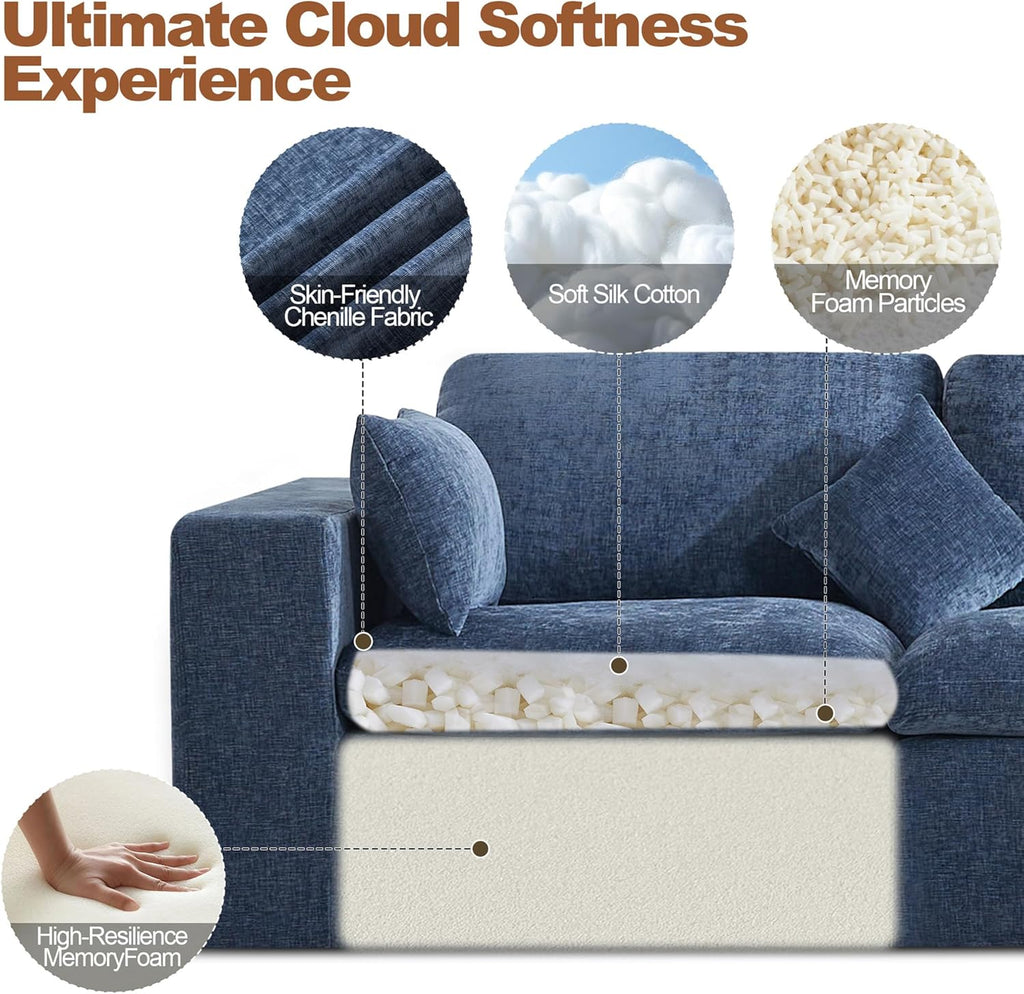 146''Cloud Boneless Sectional Couch, Modular Sectional Sofa Deep Seat, Oversized Upholstered Convertible Comfy 4 Seater Chenille Memory Foam Sofa Couches for Living Room, Blue