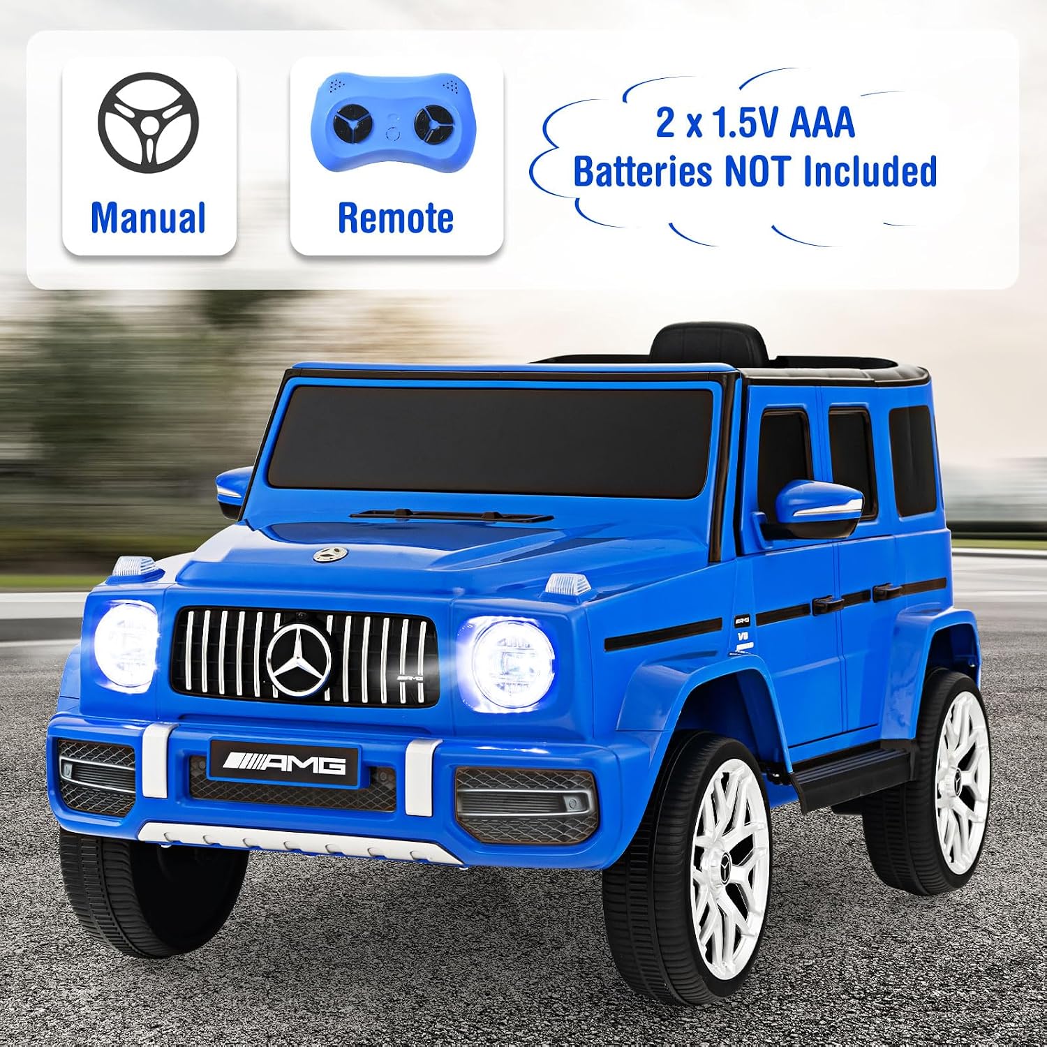 INFANS Licensed Mercedes Benz G63 Kids Ride On Car, 12V Electric Vehicle with Remote Control, Double Open Doors, Music, Bluetooth, Wheels Suspension, Battery Powered for Children Boy Girl (Blue)