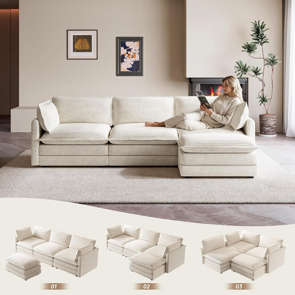 GRUSIGN 104' Modern Modular Sectional Sofa for Living Room, 4-Seat Deep Seat Couch with Movable Ottoman, L-Shaped Corduroy Sofa in Beige for Living Room, Cloud Couch Sectional Set for Bedroom